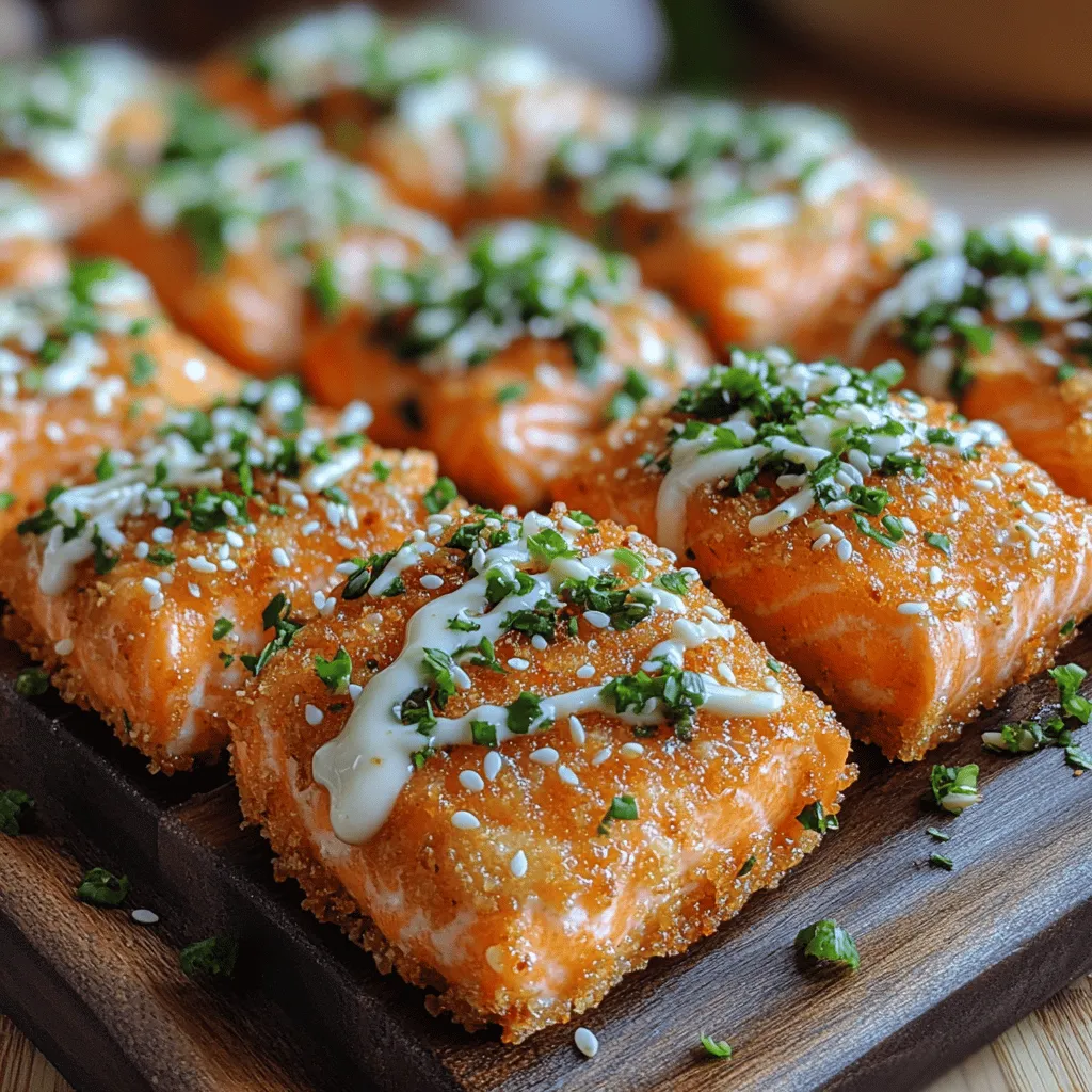 If you're a seafood lover or someone who enjoys indulging in flavorful yet healthy meals, you're in for a treat with <strong>Bang Bang Salmon Bites</strong>. This contemporary seafood dish has gained popularity for its irresistible combination of flavors and textures, making it a favorite for both casual weeknight dinners and special occasions. The appeal of Bang Bang Salmon Bites lies not only in their delicious taste but also in their health-conscious preparation method. By utilizing air frying, this recipe offers a lighter alternative to traditional frying, ensuring you can enjoy each bite without the guilt.” /></p>
</p>
<h3>Air Frying Bang Bang Salmon Bites</h3>
</p>
<p>Air frying is an innovative cooking method that allows you to achieve crispy, golden-brown results without the need for excessive oil. This technique is perfect for preparing Bang Bang Salmon Bites, ensuring they are both delicious and healthy. To achieve the best results with your air fryer, preheat it to 400°F (200°C).</p>
</p>
<p>Once the air fryer is heated, arrange the salmon bites in a single layer in the air fryer basket. Avoid overcrowding to ensure even cooking and optimal crispness. Cook the salmon bites for about 10-12 minutes, flipping them halfway through to promote even browning. You’ll know they’re done when they are golden and crispy on the outside and flaky on the inside, with an internal temperature of 145°F (63°C). As air fryers can vary in performance, keep an eye on your salmon bites during the last few minutes of cooking to prevent overcooking.</p>
</p>
<h3>Serving Suggestions</h3>
</p>
<p>To elevate your Bang Bang Salmon Bites, consider pairing them with some delightful side dishes that enhance the overall meal experience.</p>
</p>
<h4>Steamed Vegetables</h4>
<p>Steamed vegetables make an excellent, healthy accompaniment to salmon bites. Broccoli, green beans, and carrots are particularly complementary due to their bright colors and subtle flavors. To prepare, simply chop the vegetables into bite-sized pieces and steam them for 5-7 minutes until tender but still vibrant. Steaming preserves nutrients, making it a healthier cooking method. Drizzle with a touch of olive oil or a squeeze of lemon juice for added flavor.</p>
</p>
<h4>Crisp Salads</h4>
<p>A fresh, crisp salad can balance the richness of the Bang Bang Salmon Bites. Consider creating a mixed greens salad with ingredients like arugula, cucumber, cherry tomatoes, and avocado. Dress it lightly with a homemade vinaigrette made from olive oil, balsamic vinegar, and a hint of honey or mustard. This will add a zesty kick and enhance the flavors of the salmon without overpowering it.</p>
</p>
<h4>Serving Styles</h4>
<p>When it comes to presenting your Bang Bang Salmon Bites, creativity can make a significant difference. For gatherings, consider serving them on a large platter garnished with fresh herbs and lemon wedges. This not only makes for an appealing display but also allows your guests to easily serve themselves. For family meals, you can create individual plates featuring a portion of salmon bites alongside a serving of steamed vegetables or salad. Adding a small bowl of extra Bang Bang sauce on the side can also encourage dipping and enhance the overall enjoyment of the dish.</p>
</p>
<h3>Nutritional Information</h3>
</p>
<p>Understanding the nutritional content of Bang Bang Salmon Bites can help you appreciate this dish even more. Each serving (approximately 4 ounces) of these salmon bites contains:</p>
</p>
<p>– <strong>Calories</strong>: 250</p>
<p>– <strong>Protein</strong>: 22 grams</p>
<p>– <strong>Fat</strong>: 15 grams</p>
<p>– <strong>Carbohydrates</strong>: 12 grams</p>
</p>
<p>Salmon is an excellent source of high-quality protein and essential omega-3 fatty acids, which are known for their heart health benefits. These nutrients can help reduce inflammation and support brain health. When paired with vegetables and a light salad, the meal achieves a well-rounded balance of macronutrients, making it not only satisfying but also beneficial for your diet.</p>
</p>
<h3>Variations and Substitutions</h3>
</p>
<p>One of the appealing aspects of Bang Bang Salmon Bites is their versatility. You can easily adapt the recipe to suit different tastes or dietary preferences.</p>
</p>
<h4>Alternative Proteins</h4>
<p>If you’re looking for a non-seafood option, consider using chicken breast cut into bite-sized pieces or even firm tofu for a vegetarian version. Marinate the chicken or tofu in the same Bang Bang sauce before coating them in breadcrumbs, following the same cooking instructions.</p>
</p>
<h4>Gluten-Free Variations</h4>
<p>For those who are gluten-sensitive, you can substitute traditional breadcrumbs with gluten-free alternatives. Almond flour or crushed gluten-free crackers can provide a similar texture without the gluten. Additionally, ensure that the sauces used are gluten-free; many brands offer gluten-free versions of popular sauces.</p>
</p>
<h4>Spicing It Up</h4>
<p>To switch up the flavor profile, experiment with different sauces or seasoning blends. For instance, you could try a spicy sriracha mayo instead of the classic Bang Bang sauce for an extra kick. Alternatively, add some fresh herbs like cilantro or basil to the sauce for a fresh twist. The beauty of this recipe lies in its adaptability, allowing you to customize it to your liking.</p>
</p>
<h3>Conclusion</h3>
</p>
<p>Bang Bang Salmon Bites are a flavorful and versatile dish that can easily become a staple in your home cooking repertoire. With their crispy exterior and tender interior, these bites appeal to both seafood lovers and those who may be new to fish. The ease of preparation, combined with the air frying method, makes them an ideal option for quick weeknight dinners or an impressive dish for entertaining guests.</p>
</p>
<p>Encouraging you to try this recipe at home, remember that the key to enjoying Bang Bang Salmon Bites lies in their simplicity and the delicious flavors they bring to the table. With a few healthy sides, you can create a complete meal that is both satisfying and nutritious. So gather your ingredients, fire up the air fryer, and enjoy the delightful taste of Bang Bang Salmon Bites!</p>
</div>