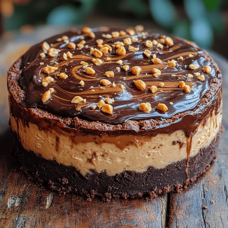Peanut butter lovers unite! This dessert combines two beloved treats into one show-stopping creation that will have everyone asking for seconds. The brownie crust provides a rich, chocolatey foundation that contrasts beautifully with the creamy cheesecake layer. The peanut butter swirl not only enhances the flavor but also adds visual appeal, making this dessert a feast for the eyes as well as the palate.