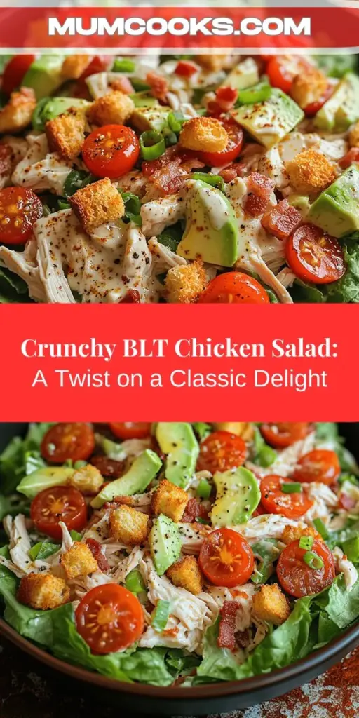 Upgrade your salad game with this Crunchy BLT Chicken Salad, a fresh and nutritious twist on the classic BLT. Combining crispy bacon, tender chicken, juicy tomatoes, and crisp romaine, each bite delivers a satisfying crunch packed with flavor. Optional additions like avocado and croutons elevate the experience. With its balance of textures and refreshing dressing, this salad is perfect for any meal or gathering. Discover how to create this delightful dish today!