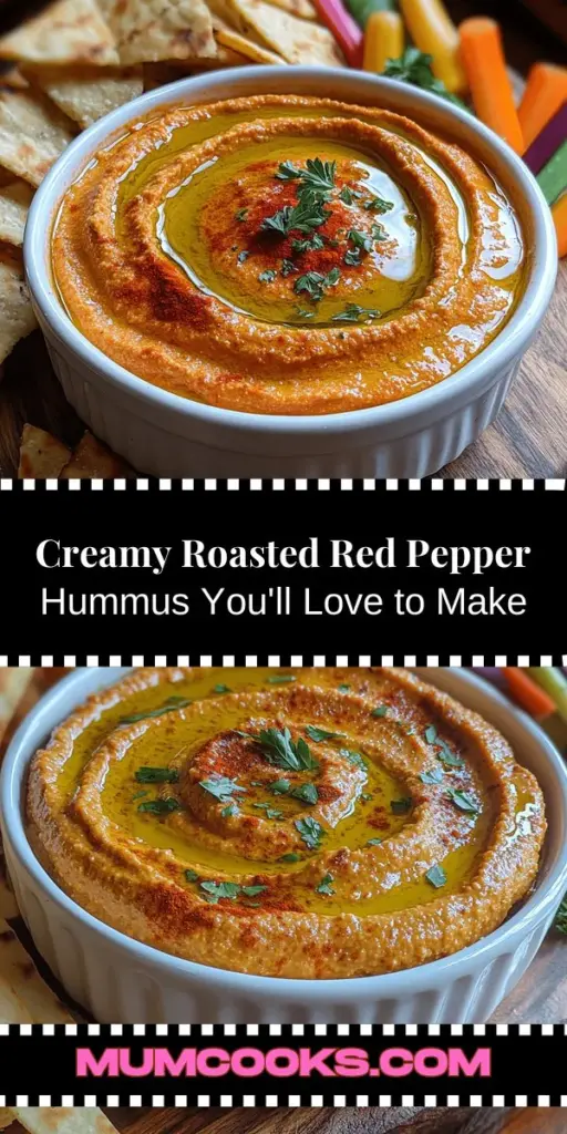 Elevate your snacking game with homemade Roasted Red Pepper Hummus! This creamy treat combines nutritious chickpeas with the smoky sweetness of roasted red peppers, creating a dip that's not only delicious but also packed with health benefits. Easy to make at home, you can control the ingredients and flavors to suit your taste. Perfect as a dip for veggies, a sandwich spread, or as a flavorful addition to grain bowls. Discover the joy of crafting this vibrant dip and indulge in its richness!