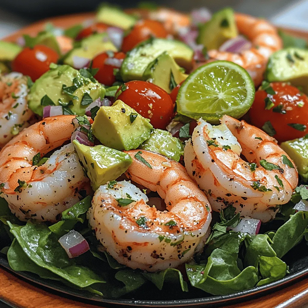 One of the primary attractions of this dish is its vibrant flavor profile, characterized by a zesty tang from fresh lime, the creamy richness of ripe avocado, and the satisfying bite of succulent shrimp. Each ingredient contributes to a well-balanced medley that is not only delicious but also visually enticing. The combination of colors—from the bright green of the avocado to the pinkish hue of the shrimp and the red of cherry tomatoes—creates a feast for the eyes as well as the palate.