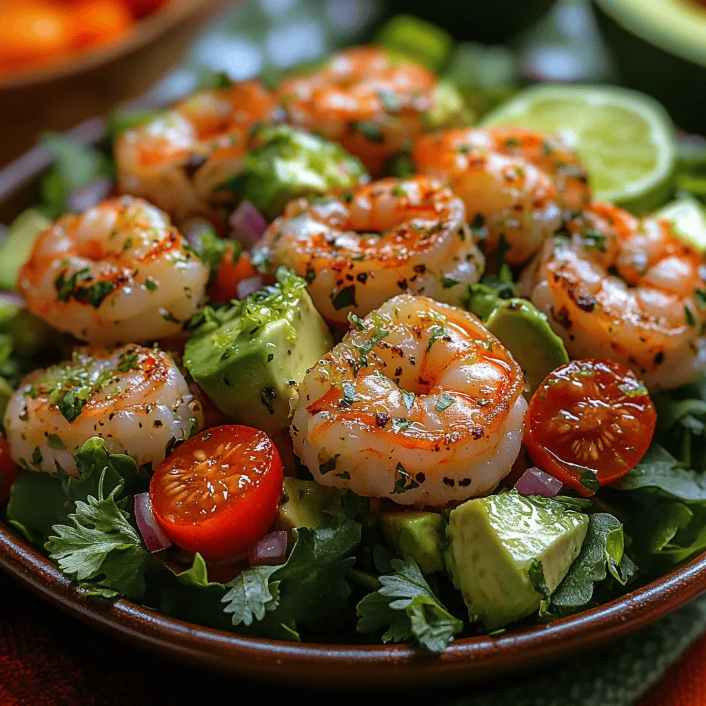 One of the primary attractions of this dish is its vibrant flavor profile, characterized by a zesty tang from fresh lime, the creamy richness of ripe avocado, and the satisfying bite of succulent shrimp. Each ingredient contributes to a well-balanced medley that is not only delicious but also visually enticing. The combination of colors—from the bright green of the avocado to the pinkish hue of the shrimp and the red of cherry tomatoes—creates a feast for the eyes as well as the palate.