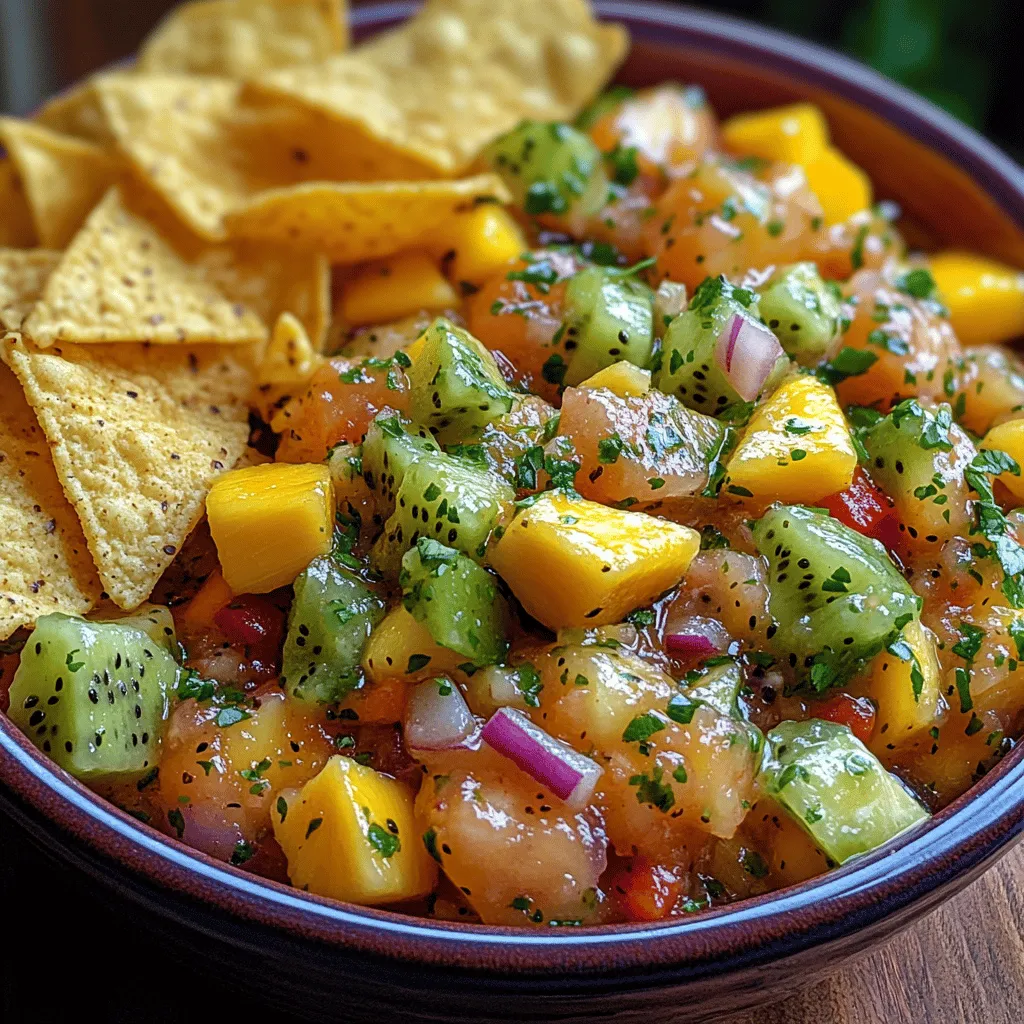 Tropical Fiesta Salsa is an innovative take on the classic salsa, incorporating a medley of tropical fruits that not only enhance the flavor but also add a vibrant color and texture. Unlike traditional tomato-based salsas, which often rely on the acidity of tomatoes and the heat of peppers, this fruity salsa brings together the sweetness of ripe pineapple, mango, and kiwi, creating a harmonious blend that is at once sweet, tangy, and refreshing.