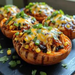 BBQ Chicken Stuffed Sweet Potatoes are a delightful fusion of flavors and textures, making for a satisfying meal option that balances nutrition and taste. The combination of tender, roasted sweet potatoes filled with savory, smoky BBQ chicken creates a dish that is not only delicious but also visually appealing. Each bite offers a perfect contrast between the sweetness of the potato and the robust flavors of the BBQ sauce, complemented by the crunch of any toppings you choose to add, such as green onions or crunchy coleslaw.