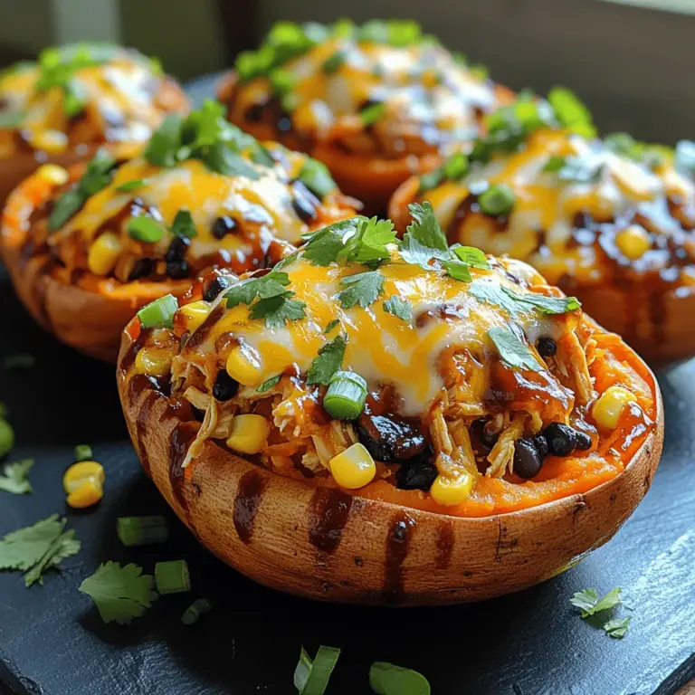 BBQ Chicken Stuffed Sweet Potatoes are a delightful fusion of flavors and textures, making for a satisfying meal option that balances nutrition and taste. The combination of tender, roasted sweet potatoes filled with savory, smoky BBQ chicken creates a dish that is not only delicious but also visually appealing. Each bite offers a perfect contrast between the sweetness of the potato and the robust flavors of the BBQ sauce, complemented by the crunch of any toppings you choose to add, such as green onions or crunchy coleslaw.