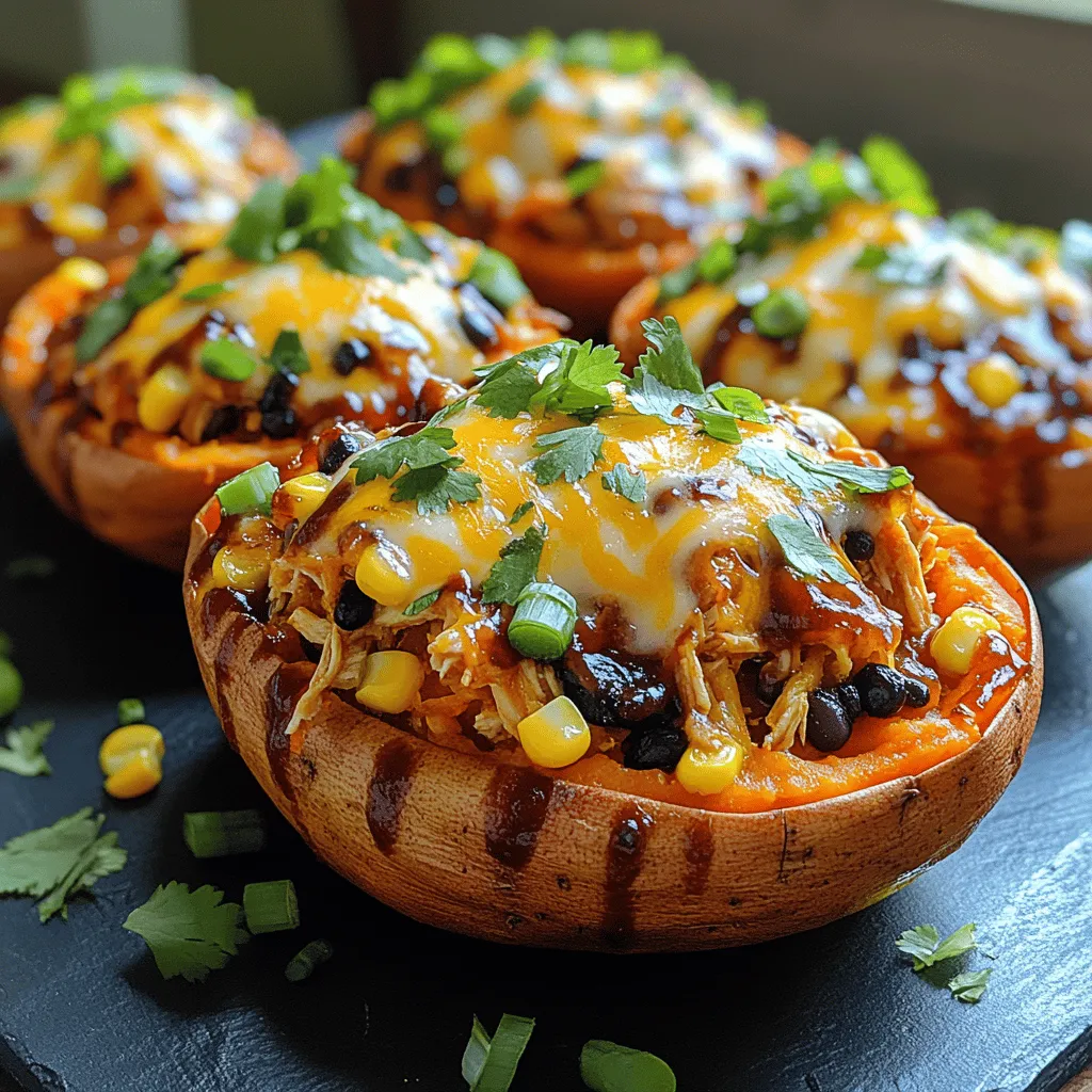 BBQ Chicken Stuffed Sweet Potatoes are a delightful fusion of flavors and textures, making for a satisfying meal option that balances nutrition and taste. The combination of tender, roasted sweet potatoes filled with savory, smoky BBQ chicken creates a dish that is not only delicious but also visually appealing. Each bite offers a perfect contrast between the sweetness of the potato and the robust flavors of the BBQ sauce, complemented by the crunch of any toppings you choose to add, such as green onions or crunchy coleslaw.