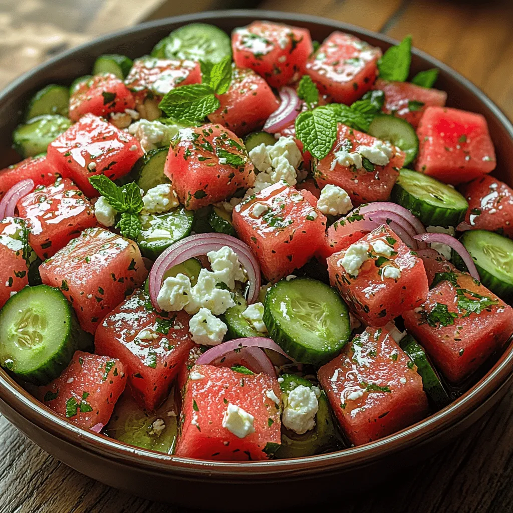 As the warm sun graces us with its presence during the summer months, there’s nothing quite like a vibrant, refreshing salad to cool down and invigorate the senses. The <strong>Refreshing Watermelon Cucumber Feta Salad</strong> is a delightful dish that captures the essence of summer in every bite. With its bright colors and a perfect balance of sweet and salty flavors, this salad is not just a feast for the eyes but also for the palate.” /></p>
</p>
<p><strong>Importance of Seasoning to Taste</strong></p>
</p>
<p>When preparing the Refreshing Watermelon Cucumber Feta Salad, the importance of seasoning to taste cannot be overstated. The right balance of flavors elevates the dish, bringing out the natural sweetness of the watermelon and the crispness of the cucumber. Salt and pepper are the most common seasonings, but consider adding a drizzle of balsamic vinegar or a squeeze of lemon juice to enhance the taste profile further. Start with a pinch of salt, mix gently, and taste before adjusting. Remember, the goal is to complement the ingredients without overpowering their inherent flavors.</p>
</p>
<p><strong>Combining Ingredients</strong></p>
</p>
<p>To create a beautifully mixed salad without damaging the delicate watermelon, follow these best practices:</p>
</p>
<p>1. <strong>Layering Ingredients</strong>: Begin by layering your ingredients in a large mixing bowl. Start with the cucumbers, then add the watermelon, followed by the feta cheese and fresh herbs. This method minimizes the chance of crushing the watermelon.</p>
</p>
<p>2. <strong>Gentle Mixing</strong>: Use a large spoon to gently toss the ingredients together. Instead of stirring vigorously, which can turn the watermelon into mush, opt for a folding motion. This way, you ensure that the feta cheese does not break apart too finely, preserving its texture.</p>
</p>
<p>3. <strong>Resting Time</strong>: Allow the salad to rest for about 10-15 minutes at room temperature prior to serving. This resting period is crucial as it enables the flavors to meld together. The salt draws out the juices from the watermelon and cucumber, creating a light dressing that enhances the overall taste.</p>
</p>
<p>4. <strong>Serving Temperature</strong>: For optimal enjoyment, serve this salad chilled or at room temperature. If prepared in advance, refrigerate it for an hour before serving. The refreshing coolness of the salad makes it an ideal dish for hot summer days.</p>
</p>
<p><strong>Nutritional Benefits</strong></p>
</p>
<p>The Refreshing Watermelon Cucumber Feta Salad not only tantalizes the taste buds but also provides numerous health benefits associated with its key ingredients:</p>
</p>
<p>– <strong>Watermelon</strong>: Low in calories (approximately 30 calories per 100 grams), watermelon is incredibly hydrating due to its high water content. It’s rich in vitamins A and C, which are essential for skin health and immune function.</p>
</p>
<p>– <strong>Cucumbers</strong>: Similarly low in calories (about 16 calories per 100 grams), cucumbers are high in fiber and water, promoting hydration and digestive health. They are also a good source of vitamin K, which is vital for bone health.</p>
</p>
<p>– <strong>Feta Cheese</strong>: Feta adds a creamy texture and a savory flavor. While it is higher in calories than the fruits and vegetables, it also provides protein and calcium. A typical serving of feta contains approximately 75 calories.</p>
</p>
<p>The entire salad is suitable for various dietary restrictions. It can be made gluten-free and is naturally low in fat, making it an excellent option for those watching their calorie intake. For vegans, consider substituting feta with a plant-based cheese alternative.</p>
</p>
<p>In terms of a balanced diet, this salad serves as a delightful side dish or a light main course, packed with vitamins and minerals that contribute to overall health.</p>
</p>
<p><strong>Serving Suggestions</strong></p>
</p>
<p>Pairing this salad appropriately can enhance the dining experience. Here are some serving suggestions:</p>
</p>
<p>– <strong>Grilled Meats</strong>: The salad pairs beautifully with grilled chicken, pork, or steak. The freshness of the salad complements the smoky flavors of grilled dishes.</p>
</p>
<p>– <strong>Seafood</strong>: Consider serving it alongside grilled shrimp or fish. The lightness of the salad balances the richness of seafood, creating a perfect harmony of flavors.</p>
</p>
<p>– <strong>Stand-Alone Dish</strong>: On its own, this salad can serve as a refreshing lunch option or a light dinner, especially on warm days.</p>
</p>
<p><strong>Ideal Occasions</strong>: The Refreshing Watermelon Cucumber Feta Salad is perfect for summer barbecues, picnics, potlucks, or as a light appetizer for dinner parties. It’s a crowd-pleaser that will impress guests while being easy to prepare.</p>
</p>
<p><strong>Presentation Tips</strong>: To make the salad visually appealing, serve it in a large, shallow bowl to showcase the vibrant colors of the watermelon and cucumber. Garnish with additional herbs or edible flowers for an elegant touch.</p>
</p>
<p><strong>Variations and Customization</strong></p>
</p>
<p>One of the best aspects of this salad is its versatility. Here are suggestions for variations and customization:</p>
</p>
<p>– <strong>Ingredient Substitutions</strong>: If you want to switch things up, consider using crumbled goat cheese or ricotta instead of feta. For herbs, fresh mint or basil can add a different aromatic profile.</p>
</p>
<p>– <strong>Adding Protein</strong>: To make the salad a complete meal, add grilled chicken, chickpeas, or even quinoa. These additions increase the protein content and make the salad more filling.</p>
</p>
<p>– <strong>Seasonal Variations</strong>: During different seasons, consider incorporating other fruits or vegetables. In the fall, add diced apples or pears, while in the winter, try pomegranate seeds for a festive touch.</p>
</p>
<p><strong>Conclusion</strong></p>
</p>
<p>The Refreshing Watermelon Cucumber Feta Salad is not only easy to prepare but also offers a delightful combination of flavors and textures that make it a must-try. Its refreshing qualities and versatility make it suitable for various occasions, from casual gatherings to elegant dinners. With a focus on nutritional benefits, this salad can fit seamlessly into a balanced diet, providing hydration and essential nutrients.</p>
</p>
<p>Encouraging you to try this salad, whether for personal enjoyment or as a standout dish for entertaining guests, will surely yield positive feedback. Enjoy the vibrant flavors and health benefits that this refreshing salad brings to your table.</p>
</div>