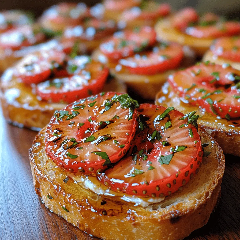 Appetizers play a pivotal role in social gatherings, serving as the perfect precursor to the main course while setting the tone for the meal to come. They encourage conversation, stimulate appetite, and provide a delightful way to showcase culinary creativity. Among the myriad of appetizer options, <strong>Basil Strawberry Crostini</strong> stands out as a refreshing and visually appealing dish that captures the essence of summer gatherings and casual get-togethers.” /></p>
</p>
<h3>Drizzling and Serving: How Finishing Touches Elevate the Dish</h3>
</p>
<p>Once you’ve assembled your Basil Strawberry Crostini, the finishing touches are what truly elevate this dish from delicious to extraordinary. A light drizzle of balsamic glaze not only adds a beautiful sheen but also enhances the flavor profile. The acidity and sweetness of the glaze complements the natural sugars in the strawberries and the creamy texture of ricotta cheese, creating a harmonious balance that tantalizes the palate.</p>
</p>
<p>To serve, arrange the crostini on a rustic wooden board or a vibrant serving platter. Scatter fresh basil leaves around the crostini for added color and a fresh aroma. For an added touch of elegance, consider garnishing with microgreens or edible flowers, transforming your dish into a stunning centerpiece ideal for entertaining.</p>
</p>
<h3>Flavor Profile and Pairing Suggestions</h3>
</p>
<h4>Analysis of the Taste Experience</h4>
</p>
<p>The Basil Strawberry Crostini offers a delightful explosion of flavors. The sweetness of ripe strawberries is the star of the show, providing a juicy burst that contrasts beautifully with the creamy ricotta cheese, which adds a layer of richness to each bite. The fresh basil introduces an earthy, herbal note that rounds out the flavor profile, making this dish refreshing and satisfying.</p>
</p>
<p>The balsamic glaze plays a crucial role in tying all the flavors together. Its sweet and tangy profile cuts through the creaminess of the ricotta while enhancing the sweetness of the strawberries. Together, these elements create a complex taste experience that is both sophisticated and approachable.</p>
</p>
<h4>Suggestions for Complementary Beverages</h4>
</p>
<p>To further enhance your Basil Strawberry Crostini experience, consider pairing it with carefully selected beverages. Here are some excellent options:</p>
</p>
<p><strong>White Wines:</strong> A crisp Sauvignon Blanc or a light Pinot Grigio can complement the crostini beautifully. The acidity and fruity notes in these wines mirror the freshness of the strawberries and the herbal undertones of basil.</p>
</p>
<p><strong>Sparkling Options:</strong> For a celebratory touch, a Prosecco or a sparkling rosé can elevate the dish. The bubbles add a festive element and cleanse the palate between bites, making them perfect for gatherings.</p>
</p>
<p><strong>Non-Alcoholic Alternatives:</strong> If you prefer non-alcoholic options, consider serving a refreshing sparkling water infused with lemon or cucumber. Herbal teas, particularly those with mint or chamomile, can also enhance the dish’s flavors while providing a soothing effect.</p>
</p>
<h3>Nutritional Information</h3>
</p>
<p>Understanding the nutritional content of your Basil Strawberry Crostini can help you appreciate its health benefits. Here’s a breakdown of the nutritional content per serving:</p>
</p>
<p>– <strong>Calories:</strong> Approximately 150 calories per serving (two crostini).</p>
<p>– <strong>Macronutrient Distribution:</strong></p>
<p>– Carbohydrates: 20g</p>
<p>– Protein: 5g</p>
<p>– Fats: 6g</p>
<p>– Fiber: 2g</p>
</p>
<h4>Health Benefits of the Main Ingredients</h4>
</p>
<p>– <strong>Strawberries:</strong> These vibrant berries are rich in antioxidants, particularly vitamin C, which supports the immune system and promotes healthy skin. They also contain dietary fiber, which aids digestion.</p>
</p>
<p>– <strong>Olive Oil:</strong> A key ingredient in the balsamic glaze, olive oil is known for its heart-healthy monounsaturated fats. It can help lower cholesterol levels and has anti-inflammatory properties.</p>
</p>
<p>– <strong>Ricotta Cheese:</strong> This creamy cheese is a good source of protein and calcium, essential for bone health. It also adds a satisfying creaminess that complements the dish.</p>
</p>
<h3>Serving Ideas and Occasions</h3>
</p>
<p>When it comes to serving Basil Strawberry Crostini, creativity is key. Here are some ideas to make your presentation stand out:</p>
</p>
<h4>Creative Serving Ideas</h4>
</p>
<p>– <strong>Platter Presentation:</strong> Arrange the crostini in a circular pattern on a large serving platter, drizzling the balsamic glaze over the top and garnishing with fresh basil leaves. This visually appealing arrangement draws attention and invites guests to indulge.</p>
</p>
<p>– <strong>Themed Parties:</strong> For summer picnics, serve the crostini alongside a fresh fruit salad and a light white wine. For wine tastings, pair them with a variety of cheeses to create a delightful charcuterie experience.</p>
</p>
<h4>Occasions That Suit This Dish</h4>
</p>
<p>Basil Strawberry Crostini is incredibly versatile and can be enjoyed on many occasions:</p>
</p>
<p>– <strong>Brunches:</strong> Serve these crostini alongside mimosas for a refreshing brunch spread that will impress your guests.</p>
</p>
<p>– <strong>Dinner Parties:</strong> Use them as an appetizer to kick off a multi-course meal, providing a light and flavorful start to the evening.</p>
</p>
<p>– <strong>Casual Get-Togethers:</strong> These crostini are perfect for informal gatherings, allowing guests to nibble while enjoying conversation. They are easy to prepare in advance and can be assembled quickly for last-minute invitations.</p>
</p>
<h3>Conclusion</h3>
</p>
<p>The Basil Strawberry Crostini is a quintessential dish that embodies versatility and seasonal freshness. Its delightful combination of flavors and textures not only makes it a crowd-pleaser but also showcases the beauty of simple, high-quality ingredients. Whether you are hosting a casual gathering or a formal dinner party, these crostini are bound to impress with minimal effort.</p>
</p>
<p>Incorporating the vibrant flavors of strawberries, the creaminess of ricotta, and the earthiness of basil, this dish is an excellent representation of summer’s bounty. So, gather your ingredients, prepare this delightful appetizer, and watch as your guests rave about this stunning yet simple creation. Enjoy the process, the flavors, and the joy of sharing good food with loved ones.</p>
</div>