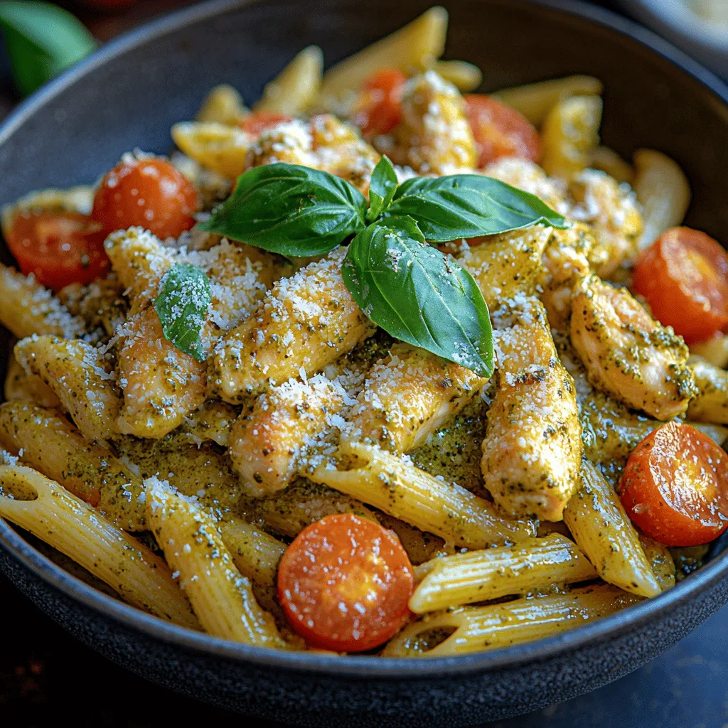 When it comes to comfort food, few dishes can rival the satisfying allure of a creamy pasta. Enter <strong>Creamy Basil Pesto Chicken Penne</strong>, a dish that marries the richness of cream with the vibrant freshness of basil pesto. This delightful creation is not only a feast for the senses but also a testament to how simple ingredients can come together to create something truly special. The combination of creamy texture, herby brightness, and savory chicken makes this dish irresistible, whether you’re planning a cozy weeknight dinner or hosting a special gathering.” /></p>
</p>
<h3>Insights into the Flavor Profile Created by the Combination of Cream and Parmesan Cheese</h3>
</p>
<p>The combination of cream and Parmesan cheese in Creamy Basil Pesto Chicken Penne creates a rich and indulgent flavor profile that elevates the dish to new heights. The cream adds a luscious, velvety texture, providing a smooth base that coats the pasta and chicken beautifully. This creamy foundation balances the savory, nutty notes of Parmesan cheese, which melts into the sauce, imparting a depth of flavor that is both comforting and satisfying.</p>
</p>
<p>The Parmesan cheese offers a delightful umami punch, enhancing the overall taste of the dish. Its sharpness contrasts beautifully with the sweet, aromatic elements of the basil pesto, creating a harmonious blend of flavors. This perfect marriage of ingredients ensures that each bite is a delightful experience, with layers of taste that linger on the palate. As a result, this dish is not just a meal; it’s a celebration of culinary harmony that appeals to both the eyes and the taste buds.</p>
</p>
<h3>Bringing It All Together</h3>
</p>
<h4>Method for Combining Pasta, Chicken, and Sauce</h4>
</p>
<p>Once your penne pasta is cooked to al dente perfection, it’s time to bring all the components together for the ultimate creamy pasta experience. First, ensure that your chicken is cooked through and cut into bite-sized pieces. In a large skillet over medium heat, gently heat your prepared creamy basil pesto sauce until it’s warm, then add the cooked chicken to the skillet. This allows the chicken to soak up some of the flavors from the sauce, enhancing its taste.</p>
</p>
<p>Next, carefully add the drained penne pasta directly to the skillet with the chicken and sauce. This method allows the pasta to absorb some of the sauce, ensuring every piece of penne is coated in that delicious creamy goodness. Using a pair of tongs or a large spoon, gently toss the pasta, chicken, and sauce together. The goal is to combine the ingredients thoroughly without breaking the pasta, which can happen if you stir too vigorously.</p>
</p>
<h4>Tips on Achieving the Right Consistency with the Reserved Pasta Water</h4>
</p>
<p>A key tip to achieving the perfect consistency for your creamy basil pesto chicken penne is to reserve some of the pasta water before draining. This starchy water can be a game-changer when it comes to adjusting the thickness of your sauce. If you find the sauce is too thick after combining it with the pasta, gradually add a few tablespoons of the reserved pasta water. This will help create a silky, smooth sauce that clings to the pasta beautifully, ensuring that each bite is infused with flavor without being overly heavy.</p>
</p>
<h4>Importance of Gentle Tossing to Maintain the Integrity of the Pasta</h4>
</p>
<p>When mixing the pasta, sauce, and chicken together, it’s crucial to use a gentle tossing motion. Over-stirring can lead to broken pasta and a less appealing texture. Instead, lift and fold the ingredients with care, allowing the sauce to envelop the pasta without causing it to break. This gentle approach not only maintains the integrity of the penne but also keeps the dish visually appealing, with each piece of pasta distinct and perfectly coated.</p>
</p>
<h3>Incorporating Fresh Ingredients: Cherry Tomatoes and Basil</h3>
</p>
<h4>Benefits of Adding Fresh Cherry Tomatoes for Color and Flavor</h4>
</p>
<p>To elevate your Creamy Basil Pesto Chicken Penne further, consider incorporating fresh cherry tomatoes. These little bursts of sweetness add not only vibrant color to your dish but also a refreshing flavor contrast to the creamy sauce. When cooked briefly, cherry tomatoes soften just enough to release their juices, providing a juicy pop with every bite. Their natural sweetness enhances the overall dish, balancing the richness of the cream and cheese.</p>
</p>
<h4>Tips for How to Fold Tomatoes into the Dish Without Breaking Them</h4>
</p>
<p>When adding cherry tomatoes to your pasta, it’s important to handle them with care. After you’ve combined the pasta, chicken, and sauce, gently fold in the halved cherry tomatoes. Use a spatula or spoon to lift the pasta and sauce over the tomatoes rather than stirring them in. This method helps prevent the tomatoes from breaking apart and losing their shape, ensuring they remain intact and provide that delightful burst of flavor when you dig in.</p>
</p>
<h4>The Role of Fresh Basil as a Garnish and Flavor Enhancer</h4>
</p>
<p>Fresh basil is a quintessential part of any basil pesto dish, and it plays a crucial role in enhancing the overall flavor of your creamy basil pesto chicken penne. Not only does basil add a fragrant aroma, but it also brings a fresh, herbal note that complements the creaminess of the sauce. After plating your dish, sprinkle some freshly torn basil leaves over the top. This not only adds a pop of color but also provides a final touch of flavor that ties the whole dish together.</p>
</p>
<h3>Serving Suggestions and Presentation Tips</h3>
</p>
<h4>Ideas for Garnishing the Dish Attractively</h4>
</p>
<p>When it comes to serving your creamy basil pesto chicken penne, presentation can make a significant difference. For an attractive garnish, consider adding a sprinkle of extra grated Parmesan cheese on top, along with a few whole basil leaves for a pop of green. A drizzle of high-quality olive oil can also enhance the visual appeal and aroma of the dish. If you want to add a touch of sophistication, consider a light dusting of freshly cracked black pepper or a pinch of red pepper flakes for a hint of heat.</p>
</p>
<h4>Serving Recommendations: Ideal Pairings</h4>
</p>
<p>Creamy basil pesto chicken penne pairs wonderfully with a variety of sides that complement its rich flavors. A simple mixed green salad with a light vinaigrette can provide a refreshing contrast to the creamy pasta. Alternatively, crusty garlic bread or a warm baguette can be perfect for soaking up any leftover sauce. For a more substantial meal, consider serving with roasted vegetables or a side of sautéed spinach, adding both color and nutrients to your plate.</p>
</p>
<h4>Discussion on Portion Sizes and Presentation for Special Occasions</h4>
</p>
<p>When it comes to portion sizes, aim for about one to one-and-a-half cups of pasta per serving, depending on the appetite of your guests. For special occasions, presenting the dish in individual bowls can create an appealing dining experience. Consider garnishing each plate with a basil sprig and a few cherry tomato halves for visual interest. This thoughtful presentation can make your creamy basil pesto chicken penne feel extra special, perfect for family gatherings or dinner parties.</p>
</p>
<h3>Nutritional Information</h3>
</p>
<h4>Overview of the Nutritional Benefits of the Dish</h4>
</p>
<p>Creamy basil pesto chicken penne is not only delicious but also packs a nutritious punch. The dish provides a good balance of protein, carbohydrates, and fats, making it a satisfying meal. The chicken offers lean protein, essential for muscle repair and overall health, while the whole grain penne (if using) contributes fiber that aids digestion. The inclusion of fresh tomatoes and basil adds vitamins and antioxidants, enhancing the nutritional value of the dish.</p>
</p>
<h4>Discussion on Calories, Proteins, Fats, and Carbohydrates Per Serving</h4>
</p>
<p>On average, a serving of creamy basil pesto chicken penne contains approximately 600-700 calories, depending on the specific ingredients used and portion sizes. This meal typically includes around 30-35 grams of protein, 25-30 grams of fat (predominantly from the cream and cheese), and 60-70 grams of carbohydrates. For those monitoring their caloric intake, consider adjusting the amount of cream or using a lighter alternative to reduce overall calories while maintaining flavor.</p>
</p>
<h4>Considerations for Dietary Preferences</h4>
</p>
<p>For those with dietary preferences or restrictions, this recipe can easily be adapted. To make it gluten-free, simply substitute the penne with a gluten-free pasta option. Additionally, for a lighter version, consider using half-and-half or a dairy-free cream alternative, which can still provide a creamy texture without the heaviness of traditional cream. Lastly, vegetarians can omit the chicken and increase the amount of vegetables, such as spinach or zucchini, to make a satisfying meatless version.</p>
</p>
<h3>Conclusion: Enjoying Creamy Basil Pesto Chicken Penne</h3>
</p>
<p>In conclusion, Creamy Basil Pesto Chicken Penne is a delightful dish that showcases the beautiful flavors of fresh basil, creamy sauce, and tender chicken, all harmoniously combined with pasta. The comforting nature of this recipe makes it perfect for any occasion, whether you’re enjoying a quiet dinner at home or hosting a gathering with friends and family.</p>
</p>
<p>As you savor each bite, you’ll appreciate the layers of flavor and texture that come together to create a memorable meal. This dish is versatile enough to be enjoyed any night of the week, and its appeal lies in its ability to cater to various tastes and dietary preferences. We encourage you to share this culinary experience with loved ones, creating moments of joy and connection around the dinner table. So gather your ingredients, roll up your sleeves, and enjoy the process of making this creamy basil pesto chicken penne — a dish that promises to become a cherished favorite in your recipe repertoire.</p>
</div>