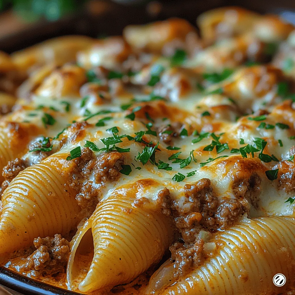 Casseroles have long been a beloved staple in home kitchens, providing warmth and comfort in every bite. Their allure lies in the ability to combine various ingredients into one cohesive dish, making them an ideal choice for busy families and gatherings. Among the many options available, the <strong>Heavenly Creamy Beef Shells Casserole</strong> stands out as a family-friendly favorite that tantalizes the taste buds. This dish embodies the perfect balance of flavors and textures, featuring a savory beef filling, a luscious creamy sauce, and a cheesy topping that creates an irresistible combination. Whether it’s a chilly evening or a festive family gathering, this casserole promises to bring everyone together around the dinner table.” /></p>
</p>
<p><strong>Tips on Achieving the Right Consistency for Stuffing</strong></p>
</p>
<p>When it comes to stuffing the pasta shells for your Heavenly Creamy Beef Shells Casserole, achieving the right consistency for your filling is crucial. The filling should be creamy yet firm enough to hold its shape when spooned into the shells. Here are a few tips to ensure your stuffing is just right:</p>
</p>
<p>1. <strong>Use Room Temperature Ingredients</strong>: Start with room-temperature cream cheese and sour cream. This makes it easier to blend with your cooked ground beef and other ingredients, resulting in a smooth filling.</p>
</p>
<p>2. <strong>Drain Excess Liquid</strong>: If your ground beef releases excess fat or moisture while cooking, be sure to drain it well. Too much liquid can lead to a runny filling that won’t stay inside the shells.</p>
</p>
<p>3. <strong>Add Binding Ingredients</strong>: Incorporating eggs or breadcrumbs can help bind your filling. This will not only enhance the texture but also ensure the filling stays intact during baking.</p>
</p>
<p>4. <strong>Taste and Adjust</strong>: Before stuffing the shells, taste your filling. Adjust the seasonings if necessary, adding salt, pepper, or herbs to enhance the flavor.</p>
</p>
<p><strong>Stuffing the Pasta Shells and Arranging Them in the Baking Dish</strong></p>
</p>
<p>Once your filling is ready, it’s time to stuff the pasta shells. Here’s how to do it:</p>
</p>
<p>1. <strong>Prepare Your Shells</strong>: Ensure that your cooked pasta shells are drained and slightly cooled. This will make them easier to handle.</p>
</p>
<p>2. <strong>Use a Spoon or a Piping Bag</strong>: You can fill the shells using a small spoon or, for a cleaner method, use a piping bag fitted with a large round tip. This method allows for more control and less mess.</p>
</p>
<p>3. <strong>Fill Generously</strong>: Each shell should be filled generously, but avoid overstuffing as this can cause them to burst during baking. Aim for just enough filling to fill the shell without spilling out.</p>
</p>
<p>4. <strong>Arrange in a Baking Dish</strong>: Spread a thin layer of the creamy sauce on the bottom of your baking dish. Place the stuffed shells seam-side up in a single layer, ensuring they are close but not touching. This helps them cook evenly and prevents them from drying out.</p>
</p>
<p><strong>Best Practices for Filling Shells Without Breaking Them</strong></p>
</p>
<p>Filling pasta shells can be tricky, especially if they are delicate. Here are some best practices to avoid breaking them:</p>
</p>
<p>1. <strong>Select the Right Shells</strong>: Choose high-quality pasta shells that are sturdy enough to hold up to stuffing and baking. Look for brands that are less likely to crack when cooked.</p>
</p>
<p>2. <strong>Cook Al Dente</strong>: When boiling your shells, cook them just until al dente. This will help them retain their shape when you fill and bake them.</p>
</p>
<p>3. <strong>Handle with Care</strong>: When moving the shells, use a slotted spoon to lift them out of the water. This minimizes the risk of breaking them as you transfer them to a plate or baking dish.</p>
</p>
<p>4. <strong>Cool Before Filling</strong>: Allow the shells to cool slightly after cooking. This not only makes them easier to handle but also helps prevent burns when stuffing.</p>
</p>
<p><strong>Creating the Creamy Sauce</strong></p>
</p>
<p>The creamy sauce is a defining feature of this casserole, bringing everything together beautifully. Here’s how to create it:</p>
</p>
<p>1. <strong>Mixing Marinara Sauce with Heavy Cream</strong>: In a medium bowl, combine your favorite marinara sauce with heavy cream. The ratio can vary based on your preference, but a 1:1 ratio is a good starting point. Whisk until smooth.</p>
</p>
<p>2. <strong>Flavor Profile Contribution</strong>: This combination not only creates a rich and creamy texture but also balances the acidity of the marinara sauce with the lusciousness of the cream. The result is a sauce that envelops the pasta shells, enhancing the overall flavor of the dish.</p>
</p>
<p>3. <strong>Homemade vs. Store-Bought Sauces</strong>: While store-bought marinara sauce is convenient, consider making your own for an extra burst of flavor. A homemade sauce allows you to control the ingredients, adding fresh garlic, herbs, and spices to customize it to your taste.</p>
</p>
<p><strong>Baking to Perfection</strong></p>
</p>
<p>Baking your casserole requires attention to detail to achieve that perfect cheesy top and cooked filling. Here’s how to do it:</p>
</p>
<p>1. <strong>Covering and Uncovering the Dish</strong>: Begin by covering your baking dish with aluminum foil for the first half of the baking time. This helps steam the shells and ensures they cook through. Remove the foil for the last 15 minutes to allow the cheese to brown and become bubbly.</p>
</p>
<p>2. <strong>Baking Time and Temperature</strong>: Preheat your oven to 350°F (175°C). Bake the casserole for approximately 30-40 minutes. Keep an eye on it after the first 25 minutes; you want the cheese to melt and bubble but not burn.</p>
</p>
<p>3. <strong>Signs of Perfectly Baked Casserole</strong>: Look for bubbly cheese and a golden top. The edges should be slightly crispy, and when you insert a knife into the center, it should come out hot and clean. If you see bubbling around the edges and a fragrant aroma wafting through your kitchen, you know it’s ready!</p>
</p>
<p><strong>Serving Suggestions and Pairings</strong></p>
</p>
<p>Once your Heavenly Creamy Beef Shells Casserole is baked to perfection, it’s time to serve! Here are some ideas for side dishes and beverages that will enhance your meal experience:</p>
</p>
<p>1. <strong>Side Dishes</strong>: Pair your casserole with garlic bread for a comforting touch. A fresh green salad, lightly dressed with vinaigrette, can provide a crisp contrast to the creamy casserole. Roasted vegetables or steamed broccoli also make excellent accompaniments.</p>
</p>
<p>2. <strong>Beverage Pairings</strong>: For a beverage, consider a full-bodied red wine, such as a Cabernet Sauvignon or Merlot, which pairs beautifully with beef dishes. If you prefer a non-alcoholic option, sparkling water with a slice of lemon can refresh your palate.</p>
</p>
<p>3. <strong>Storing Leftovers</strong>: Store any leftovers in an airtight container in the refrigerator for up to three days. To reheat, place the casserole in a preheated oven at 350°F (175°C) until warmed through, about 15-20 minutes. Adding a splash of cream or a sprinkle of cheese on top before reheating can restore moisture and flavor.</p>
</p>
<p><strong>Nutritional Insights</strong></p>
</p>
<p>Understanding the nutritional benefits of your meal is essential for a balanced diet. Here’s a breakdown of the key nutrients found in the Heavenly Creamy Beef Shells Casserole:</p>
</p>
<p>1. <strong>Protein Content</strong>: The beef and cheese in this dish provide a substantial amount of protein, essential for muscle repair and growth. Each serving contains a good dose of protein, making it a filling meal option.</p>
</p>
<p>2. <strong>Carbohydrates from Pasta</strong>: The pasta shells contribute carbohydrates that serve as a primary energy source. It’s important to choose whole grain or enriched pasta when possible for added fiber.</p>
</p>
<p>3. <strong>Dietary Adjustments</strong>: For those with dietary restrictions, consider using gluten-free pasta shells. You can also substitute ground turkey or chicken for the beef for a leaner option. Additionally, incorporating vegetables such as spinach or zucchini can add nutrition and flavor without significantly altering the dish.</p>
</p>
<p><strong>Conclusion</strong></p>
</p>
<p>The Heavenly Creamy Beef Shells Casserole is a delightful dish that brings comfort and satisfaction to busy families and gatherings alike. Its rich flavors, creamy texture, and hearty ingredients make it a go-to recipe for any occasion. Don’t hesitate to experiment with different fillings, swap proteins, or add vegetables to make it your own.</p>
</p>
<p>Whether you’re feeding a crowd or enjoying a quiet dinner at home, the joy of sharing a homemade meal with loved ones cannot be overstated. So gather your ingredients, roll up your sleeves, and create a casserole that will surely become a cherished favorite for years to come.</p>
</div>