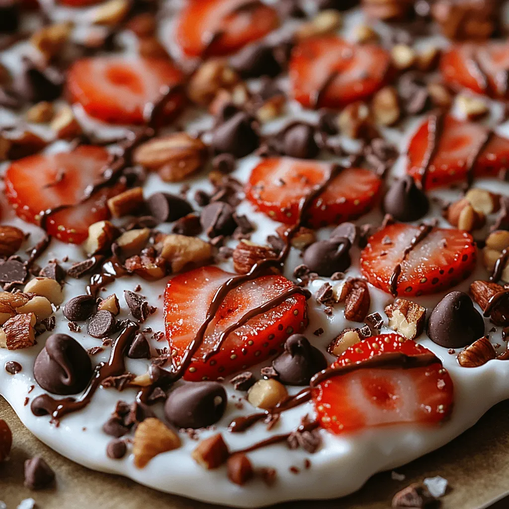 In recent years, the demand for healthier snack options has skyrocketed, leading to an exciting surge in yogurt-based desserts that combine nutrition with indulgence. Among the array of healthy treats available, <strong>Chocolate Strawberry Greek Yogurt Bark</strong> stands out as an irresistible yet guilt-free choice. This delightful snack not only caters to your sweet tooth but also packs a nutritional punch, making it perfect for a midday pick-me-up or a satisfying dessert after dinner.” /></p>
</p>
<h3>Step-by-Step Preparation of Chocolate Strawberry Greek Yogurt Bark</h3>
</p>
<h4>Preparing the Yogurt Mixture</h4>
</p>
<p>To begin crafting your Chocolate Strawberry Greek Yogurt Bark, the first step is to prepare the yogurt mixture. You’ll want to select high-quality Greek yogurt, as its creamy texture and tangy flavor will serve as the perfect base for this delightful treat.</p>
</p>
<p>1. <strong>Choose Your Yogurt</strong>: Opt for plain, unsweetened Greek yogurt to avoid overpowering the natural flavors of the strawberries and chocolate. If you prefer a sweeter bark, you can mix in a tablespoon of honey or maple syrup to achieve the desired sweetness.</p>
</p>
<p>2. <strong>Mixing for Consistency</strong>: In a medium-sized bowl, using a whisk or spatula, stir the yogurt thoroughly until it becomes smooth and creamy. This process is crucial as it ensures that the yogurt is easy to spread and will freeze evenly. If you want to add flavor, consider incorporating a splash of vanilla extract or a sprinkle of cinnamon at this stage.</p>
</p>
<p>3. <strong>Taste Test</strong>: Before proceeding, taste a small spoonful of the yogurt mixture. This is your opportunity to adjust sweetness or flavoring if necessary. Remember, the toppings will add sweetness, so keep that in mind!</p>
</p>
<h4>Spreading the Yogurt</h4>
</p>
<p>Now that your yogurt mixture is ready, it’s time to spread it onto your baking sheet.</p>
</p>
<p>1. <strong>Prepare Your Baking Sheet</strong>: Line a baking sheet with parchment paper. This will prevent the yogurt from sticking and make it easier to remove once frozen.</p>
</p>
<p>2. <strong>Achieving an Even Layer</strong>: Using a spatula, gently spread the yogurt mixture onto the lined baking sheet. Aim for an even thickness of about 1/2 inch. This consistency is crucial for ensuring that the bark freezes evenly and is easy to break into pieces after it’s set.</p>
</p>
<p>3. <strong>Smooth the Surface</strong>: To create a visually appealing finish, smooth the top with the spatula, ensuring there are no lumps or bumps. A well-spread layer will not only look better but will also lead to consistent texture in each bite.</p>
</p>
<h4>Adding the Toppings</h4>
</p>
<p>The fun part of making your Chocolate Strawberry Greek Yogurt Bark is adding the toppings. This is where you can get creative!</p>
</p>
<p>1. <strong>Arranging Strawberries</strong>: Slice fresh strawberries into thin pieces. Distribute them evenly across the yogurt layer, pressing them gently into the yogurt to secure them in place. This not only enhances the visual appeal but ensures that each piece of bark has a strawberry bite.</p>
</p>
<p>2. <strong>Sprinkling Chocolate Chips</strong>: Next, sprinkle mini chocolate chips over the yogurt and strawberries. The chocolate chips will melt slightly into the yogurt, creating pockets of rich chocolate flavor in every bite.</p>
</p>
<p>3. <strong>Adding Nuts</strong>: If you’re a fan of texture, consider adding chopped nuts such as almonds, walnuts, or pistachios for a crunchy contrast. Scatter them over the surface to ensure that each piece of bark has a bit of nutty goodness.</p>
</p>
<h4>Melting the Chocolate (Optional)</h4>
</p>
<p>For those who want to take their bark to the next level, melting chocolate for a drizzle can create a stunning marbled effect.</p>
</p>
<p>1. <strong>Choose Your Chocolate</strong>: Dark chocolate pairs beautifully with the yogurt and strawberries. Use high-quality chocolate chips or a chocolate bar for melting.</p>
</p>
<p>2. <strong>Melting Safely</strong>: Place the chocolate in a microwave-safe bowl. Heat it in 30-second intervals, stirring in between, until the chocolate is completely melted and smooth. Be careful not to overheat, as this can cause the chocolate to seize.</p>
</p>
<p>3. <strong>Drizzling the Chocolate</strong>: Once melted, use a fork or a piping bag to drizzle the chocolate over the yogurt bark. This adds an elegant touch and enhances the flavor profile with rich chocolatey goodness.</p>
</p>
<h4>Freezing the Bark</h4>
</p>
<p>Proper freezing is essential to achieve the right texture for your yogurt bark.</p>
</p>
<p>1. <strong>Freezing Time</strong>: Place the baking sheet in the freezer and let the yogurt bark freeze for at least 4 hours, or until it is completely solid. The longer you freeze it, the firmer the bark will be, making it easier to break into pieces.</p>
</p>
<p>2. <strong>Check for Doneness</strong>: After the freezing time, check the bark to ensure it is solid all the way through. If it’s still soft in the center, allow it to freeze for an additional hour.</p>
</p>
<h4>Breaking into Pieces</h4>
</p>
<p>Once your bark is fully frozen, it’s time to break it into pieces.</p>
</p>
<p>1. <strong>Removing from the Sheet</strong>: Carefully lift the parchment paper from the baking sheet. The bark should come away easily. If it’s stuck, you can run a warm knife along the edges to loosen it.</p>
</p>
<p>2. <strong>Breaking the Bark</strong>: Using your hands, break the bark into uneven pieces. This rustic style adds to the charm of your homemade treat. If you prefer uniform pieces, you can use a sharp knife to cut it.</p>
</p>
<h4>Serving Suggestions</h4>
</p>
<p>Your Chocolate Strawberry Greek Yogurt Bark is now ready to be served! Here are some creative serving suggestions:</p>
</p>
<p>1. <strong>Garnishing</strong>: For an extra touch of elegance, sprinkle a small amount of flaky sea salt over the top of the bark just before serving. This contrast of salt with the sweetness of the yogurt and chocolate creates a delicious flavor balance.</p>
</p>
<p>2. <strong>Serving Style</strong>: Arrange the bark pieces on a decorative plate or in a clear glass container. Layer the pieces if you’re serving a crowd, and consider garnishing with additional fresh strawberries or mint leaves for a pop of color.</p>
</p>
<p>3. <strong>Pairing Options</strong>: This yogurt bark pairs wonderfully with a side of fresh fruit or a scoop of your favorite ice cream, making it a versatile dessert option.</p>
</p>
<h3>Storage and Shelf Life</h3>
</p>
<p>Proper storage will ensure that your Chocolate Strawberry Greek Yogurt Bark remains fresh and maintains its delicious flavor.</p>
</p>
<p>1. <strong>Storing the Bark</strong>: Store any leftover bark in an airtight container. Layer parchment paper between pieces to prevent them from sticking together.</p>
</p>
<p>2. <strong>Shelf Life</strong>: The yogurt bark can be kept in the freezer for up to two months. However, for the best taste and texture, it’s recommended to consume it within the first month. After this time, the ingredients may start to lose their freshness, and the texture may change.</p>
</p>
<p>3. <strong>Defrosting Tips</strong>: When you’re ready to enjoy your bark again, simply remove it from the freezer and let it sit at room temperature for about 5-10 minutes before serving. This will soften it slightly, making it easier to bite into.</p>
</p>
<h3>Nutritional Information</h3>
</p>
<p>Understanding the nutritional benefits of your Chocolate Strawberry Greek Yogurt Bark can help you appreciate this guilt-free treat even more.</p>
</p>
<p>1. <strong>Serving Size</strong>: This recipe typically yields around 12 servings, depending on how large you choose to break the bark.</p>
</p>
<p>2. <strong>Nutritional Breakdown</strong> (per serving):</p>
<p>– Calories: 120</p>
<p>– Protein: 5g</p>
<p>– Carbohydrates: 15g</p>
<p>– Fat: 6g</p>
<p>– Fiber: 1g</p>
<p>– Sugar: 7g</p>
</p>
<p>3. <strong>Health Benefits</strong>:</p>
<p>– <strong>Greek Yogurt</strong> is rich in protein and probiotics, promoting digestive health and muscle recovery.</p>
<p>– <strong>Strawberries</strong> are high in antioxidants and vitamin C, contributing to heart health and skin health.</p>
<p>– <strong>Dark Chocolate</strong> contains flavonoids that can improve heart health and boost mood, while also providing a delicious flavor contrast.</p>
<p>– <strong>Nuts</strong> (if added) are an excellent source of healthy fats, protein, and fiber, further enhancing the nutritional profile of your bark.</p>
</p>
<h3>Conclusion</h3>
</p>
<p>Making Chocolate Strawberry Greek Yogurt Bark at home is not only simple, but it also allows you to indulge in a delicious, guilt-free treat that is both satisfying and nutritious. With its rich flavors and beautiful presentation, this bark can be a delightful addition to any gathering or a satisfying snack at home.</p>
</p>
<p>Encourage your creativity by experimenting with different toppings like coconut flakes, seeds, or even dried fruits to find your perfect combination. Share your variations with friends and family, showcasing the versatility of this refreshing recipe.</p>
</p>
<p>Ultimately, the joy of enjoying this treat lies in its balance of flavor and health benefits, making it a favorite for dessert lovers and health enthusiasts alike. Enjoy your homemade Chocolate Strawberry Greek Yogurt Bark as a delightful way to satisfy your sweet tooth while still nourishing your body!</p>
</div>