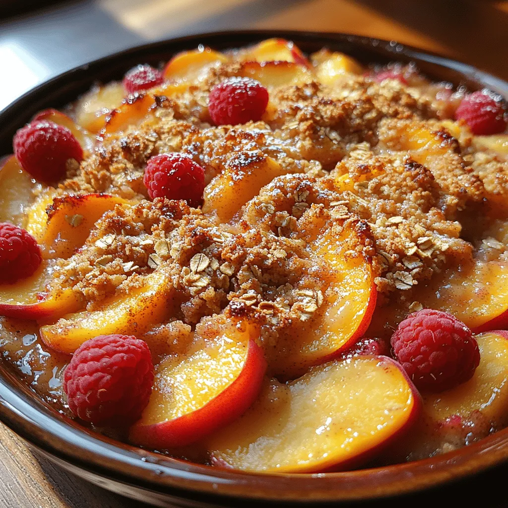 In the heart of summer, the air is filled with the sweet fragrance of ripe fruits, and the vibrant colors of summer produce are on full display at local markets. Among the seasonal treasures, peaches and raspberries stand out as two of the most beloved ingredients, celebrated for their unique flavors and versatility in cooking and baking. The Peach Raspberry Crumble is a perfect dessert that captures the essence of summer, combining the juicy, sweet notes of peaches with the tart zing of raspberries. This delightful dessert not only showcases the freshest fruits of the season but also evokes a sense of nostalgia, stirring memories of warm evenings spent with family and friends, sharing delicious food and laughter.