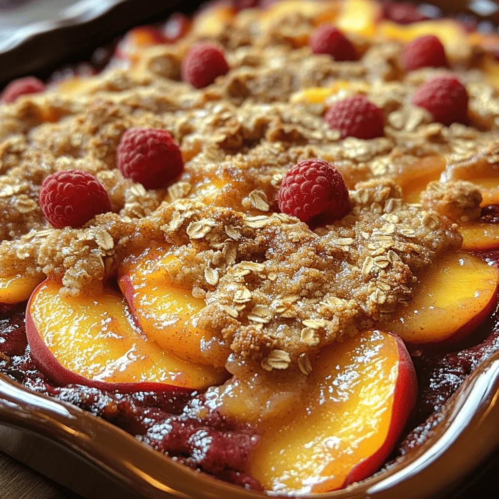 In the heart of summer, the air is filled with the sweet fragrance of ripe fruits, and the vibrant colors of summer produce are on full display at local markets. Among the seasonal treasures, peaches and raspberries stand out as two of the most beloved ingredients, celebrated for their unique flavors and versatility in cooking and baking. The Peach Raspberry Crumble is a perfect dessert that captures the essence of summer, combining the juicy, sweet notes of peaches with the tart zing of raspberries. This delightful dessert not only showcases the freshest fruits of the season but also evokes a sense of nostalgia, stirring memories of warm evenings spent with family and friends, sharing delicious food and laughter.