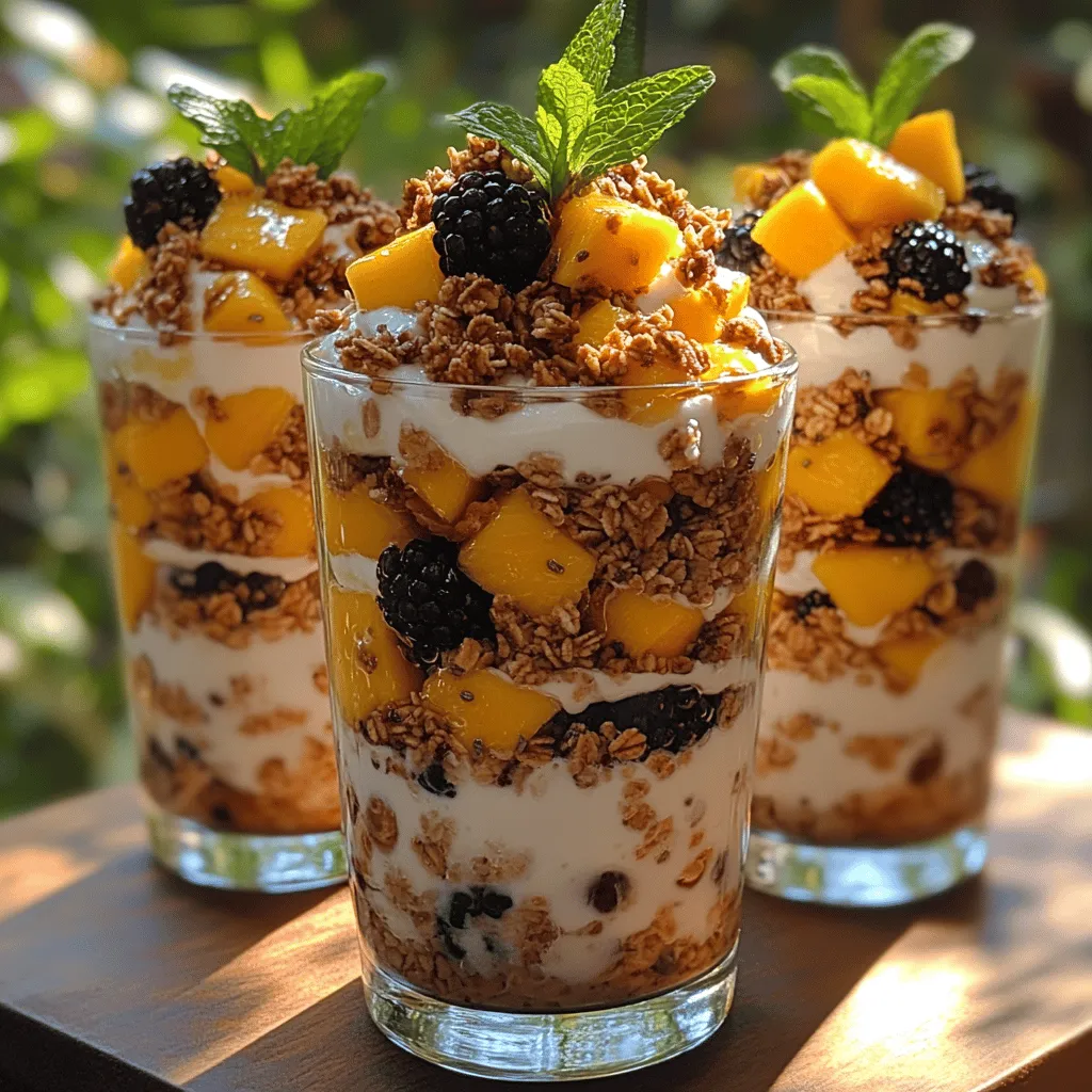 Tropical Delight Parfaits offer a vibrant and refreshing dessert option that perfectly captures the essence of summer in every layered bite. This delightful treat not only looks stunning but also packs a punch in flavor and nutrition. Perfect for breakfast, a midday snack, or a light dessert, parfaits are a versatile choice that appeals to both kids and adults alike. The combination of creamy Greek yogurt, sweet ripe mangoes, and tart blackberries creates a symphony of flavors that dance on the palate.