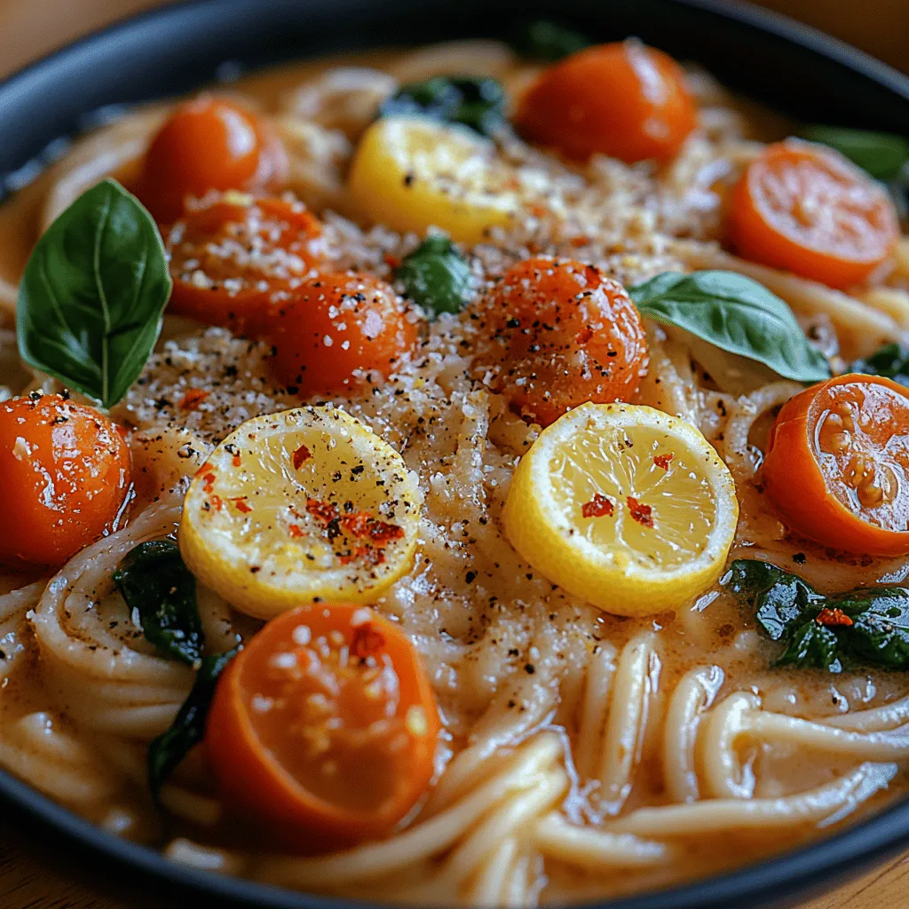 In today's fast-paced world, one-pot meals have become a lifesaver for busy individuals and families alike. They offer the perfect solution for those who want to whip up a delicious, home-cooked meal without spending hours in the kitchen or dealing with a mountain of dirty dishes. Among the myriad of one-pot options, <strong>Zesty Lemon Garlic Spaghetti</strong> stands out with its vibrant flavors, healthy ingredients, and remarkable simplicity.” /></p>
</p>
<h3>Incorporating Fresh Ingredients</h3>
</p>
<p>When preparing your One-Pot Zesty Lemon Garlic Spaghetti, the timing and technique for adding fresh ingredients like spinach and tomatoes can significantly enhance the flavor and texture of the dish. After you’ve cooked your spaghetti to al dente perfection, it’s time to introduce these delicate ingredients.</p>
</p>
<p><strong>Adding Spinach and Tomatoes</strong></p>
<p>Once the pasta is cooked, reduce the heat to low and stir in the fresh spinach. The residual heat will wilt the spinach perfectly without overcooking it. This method not only helps to preserve the vibrant green color but also maintains the nutrients. Spinach is packed with vitamins A and C, iron, and calcium, making it a great addition to the dish.</p>
</p>
<p>Next, add the halved cherry tomatoes. These should be added towards the end of cooking to maintain their shape and juicy texture. Stir gently to incorporate them with the pasta and spinach, allowing the heat to soften the tomatoes slightly — about 2-3 minutes should suffice.</p>
</p>
<h3>Finishing Touches</h3>
</p>
<p>The finishing touches are crucial in transforming your dish from good to superb. After adding the spinach and tomatoes, it’s time to incorporate cheese. A generous handful of freshly grated Parmesan cheese will melt into the warm pasta, creating a creamy texture that enhances the overall flavor. For an extra layer of richness, consider adding a splash of the reserved pasta cooking water. This starchy water helps to create a silky sauce that clings beautifully to the noodles.</p>
</p>
<p><strong>Tasting and Adjusting Seasoning</strong></p>
<p>Before serving, always taste your dish. This is the step where you can adjust the seasoning to your liking. A dash more salt, a sprinkle of freshly cracked black pepper, or an additional squeeze of lemon juice can elevate the flavors. Remember, the goal is to create a balanced dish where the brightness of the lemon complements the savory garlic and the richness of the cheese.</p>
</p>
<h3>Nutritional Benefits of One-Pot Zesty Lemon Garlic Spaghetti</h3>
</p>
<p>This One-Pot Zesty Lemon Garlic Spaghetti is not only delightful but also packed with nutritional benefits.</p>
</p>
<p><strong>Balance of Carbohydrates, Vitamins, and Healthy Fats</strong></p>
<p>The spaghetti serves as a great source of carbohydrates, providing the energy needed for a busy day. The addition of healthy fats from the olive oil enhances the absorption of fat-soluble vitamins while also adding flavor. The combination of fresh ingredients, including spinach and tomatoes, contributes a wealth of vitamins and minerals.</p>
</p>
<p><strong>Low-Calorie Option</strong></p>
<p>If you’re looking for a satisfying yet lower-calorie meal, this dish can easily be modified. By reducing the amount of cheese or substituting it with a lower-calorie alternative, you maintain flavor without compromising on health. Additionally, using whole grain or legume-based pasta can provide a more fiber-rich option that keeps you full longer.</p>
</p>
<p><strong>Rich in Vitamins and Antioxidants</strong></p>
<p>Spinach and tomatoes are both rich sources of vitamins and antioxidants. Spinach is loaded with vitamin K, which plays a crucial role in bone health, while tomatoes provide lycopene, an antioxidant linked to many health benefits, including heart health. The fresh lemon juice not only adds zest but is also an excellent source of vitamin C, supporting your immune system.</p>
</p>
<p><strong>Customizable for Dietary Needs</strong></p>
<p>This recipe is highly versatile and can be easily adapted for various dietary preferences. For a vegan version, simply omit the cheese or replace it with nutritional yeast, which offers a cheesy flavor without dairy. Gluten-free pasta can be used to accommodate those with gluten sensitivities, and for a low-carb option, you can substitute traditional pasta with spiralized zucchini or spaghetti squash.</p>
</p>
<h3>Serving Suggestions and Pairings</h3>
</p>
<p>To elevate your One-Pot Zesty Lemon Garlic Spaghetti to a complete meal, consider the following serving suggestions and pairings.</p>
</p>
<p><strong>Side Dishes</strong></p>
<p>Light salads make a perfect accompaniment to this dish. A simple arugula salad with a lemon vinaigrette or a classic Caesar salad can complement the flavors beautifully. Alternatively, serve with crusty garlic bread to soak up any leftover sauce, enhancing the meal’s overall experience.</p>
</p>
<p><strong>Wine Pairing</strong></p>
<p>For those who enjoy a glass of wine with dinner, a crisp white wine, such as Sauvignon Blanc or Pinot Grigio, makes an excellent pairing. These wines have citrus notes that harmonize with the lemon in the dish, while their acidity can balance the richness of the garlic and cheese.</p>
</p>
<p><strong>Garnishes</strong></p>
<p>Garnishing your dish can enhance both its presentation and flavor. A sprinkle of fresh herbs, such as parsley or basil, adds a pop of color and freshness. You might also consider a light drizzle of high-quality extra virgin olive oil or additional grated Parmesan on top just before serving to elevate the dish further.</p>
</p>
<h3>Storage and Reheating Tips</h3>
</p>
<p>If you find yourself with leftovers, proper storage techniques will ensure your One-Pot Zesty Lemon Garlic Spaghetti retains its flavors and textures.</p>
</p>
<p><strong>Refrigeration</strong></p>
<p>Store any leftovers in an airtight container in the refrigerator. This dish is best consumed within 3-4 days. To reheat, simply place the spaghetti in a skillet over low heat, adding a splash of water or olive oil to help regain its creamy consistency. Stir frequently until heated through.</p>
</p>
<p><strong>Freezing</strong></p>
<p>While this dish can be frozen, it’s worth noting that the texture of the pasta may change upon thawing. If you choose to freeze, portion the spaghetti into freezer-safe containers, leaving some space for expansion. It can last in the freezer for up to 2 months. When ready to enjoy, thaw it overnight in the refrigerator and reheat on the stovetop or in the microwave, adding a bit of liquid if necessary.</p>
</p>
<h3>Conclusion</h3>
</p>
<p>In summary, preparing One-Pot Zesty Lemon Garlic Spaghetti is an effortless and rewarding culinary experience. This dish not only delivers on flavor and satisfaction but also offers numerous nutritional benefits, making it an excellent choice for a quick weeknight dinner or a delightful weekend meal.</p>
</p>
<p>Encouraging experimentation with the recipe allows you to personalize it according to your taste preferences and dietary needs. Whether you choose to add more vegetables, adjust the seasoning, or pair it with your favorite sides and beverages, this spaghetti dish is sure to become a family favorite. So gather your fresh ingredients, follow the simple steps, and enjoy a vibrant, zesty meal that’s both healthy and delicious.</p>
</div>