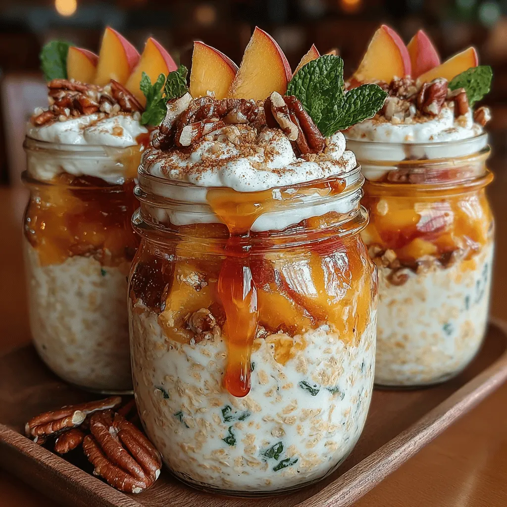 To kick off your Easy Peach Pie Overnight Oats, start by gathering your base ingredients. You'll need rolled oats, milk (or a dairy-free alternative), yogurt (optional for creaminess), sweetener, and chia seeds. These ingredients create a nutritious foundation for your overnight oats. In a bowl, combine 1 cup of rolled oats, 1 cup of your chosen milk, 1/2 cup of yogurt (if using), 2 tablespoons of chia seeds, and your sweetener of choice, such as honey or maple syrup. Stir until everything is well incorporated.