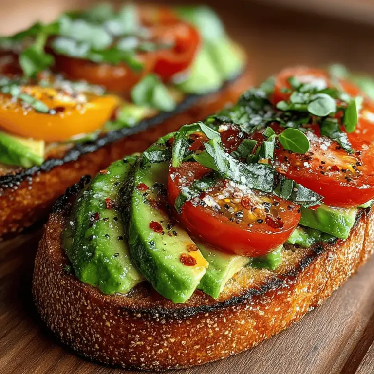 Welcome to the delightful world of Avocado Bliss on Tomato Toast, a dish that brings together the simplicity of fresh ingredients and the sophistication of elegant presentation. This recipe is more than just a meal; it is an experience that tantalizes the taste buds while delivering a nutritious punch. Whether you are looking for a vibrant breakfast to kick-start your day, a light lunch that won’t weigh you down, or a quick snack that satisfies your cravings, this dish checks all the boxes. With its creamy avocado layered atop juicy tomatoes and served on a crispy slice of rustic sourdough bread, Avocado Bliss on Tomato Toast is a delightful combination of textures and flavors that is sure to impress.