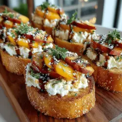 To begin crafting your Peachy Ricotta Bliss Crostini, the first step is to prepare the ricotta spread. In a mixing bowl, combine 1 cup of fresh ricotta cheese with 2 tablespoons of honey, the juice of half a lemon, and a generous sprinkle of fresh thyme leaves (about 1 tablespoon). Add a pinch of sea salt to elevate the flavors.