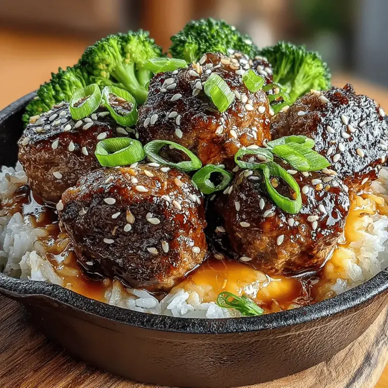 Sticky Garlic Teriyaki Meatball Bowls are a culinary delight that brilliantly combines savory and sweet flavors into a comforting and satisfying meal. This dish features tender, juicy meatballs that are generously coated in a rich, sticky teriyaki sauce, all served over a bed of fluffy rice and accompanied by a medley of vibrant steamed vegetables. Ideal for family dinners or meal prep, this recipe not only offers a nutritious option but also provides a canvas for customization to cater to various dietary preferences. Whether you prefer beef, chicken, or a vegetarian alternative, Sticky Garlic Teriyaki Meatball Bowls can easily adapt to your taste.
