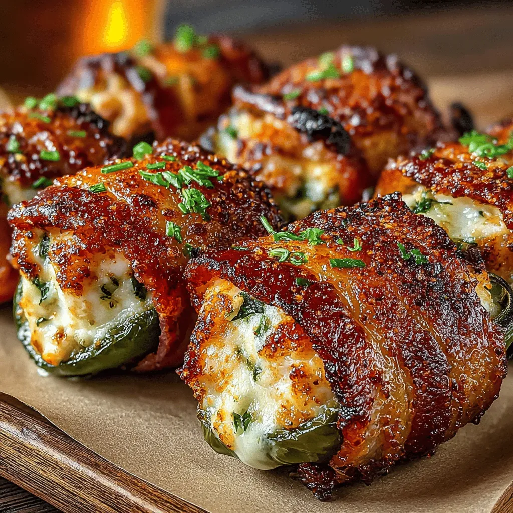 When it comes to appetizers that pack a punch, few dishes can compete with <strong>Spicy Bacon-Wrapped Jalapeño Chicken Bites</strong>. Combining the savory flavors of bacon and chicken with the spicy kick of jalapeños, this recipe is not just a meal; it’s an experience. The crispy exterior, thanks to the bacon, envelops juicy chicken and a creamy filling that tantalizes the taste buds. With each bite, you encounter a delightful explosion of flavors that are both comforting and exciting.” /></p>
</p>
<h2>Serving Suggestions</h2>
</p>
<p>Spicy Bacon-Wrapped Jalapeño Chicken Bites are the ultimate crowd-pleaser, perfect for a variety of occasions. Whether it’s game day, a summer barbecue, or a festive holiday gathering, these bites pack flavor and excitement that will keep your guests coming back for more.</p>
</p>
<p><strong>Ideal Occasions and Pairings</strong></p>
<p>These savory bites can be the star of your appetizer table at parties, making them ideal for events like Super Bowl Sunday, birthday celebrations, or even casual family get-togethers. Pair them with refreshing beverages such as a crisp lager or a zesty margarita to complement the heat of the jalapeños. For a well-rounded spread, include other finger foods like stuffed mushrooms or mini sliders to create an appealing buffet.</p>
</p>
<p><strong>Suggested Dips and Sauces</strong></p>
<p>Enhancing the flavor of your Spicy Bacon-Wrapped Jalapeño Chicken Bites can be as simple as serving them with the right dips. Consider these crowd favorites:</p>
<p>– <strong>Ranch Dressing</strong>: A classic choice, ranch offers a cool, creamy contrast to the spiciness of the jalapeños.</p>
<p>– <strong>Blue Cheese Dressing</strong>: This tangy dip complements the smoky flavor of the bacon and adds a sophisticated twist.</p>
<p>– <strong>Spicy Aioli</strong>: A homemade spicy aioli made with mayonnaise, garlic, and hot sauce can elevate your bites with an extra kick.</p>
</p>
<p><strong>Presentation Ideas</strong></p>
<p>Make your presentation as impressive as the flavor. Arrange the chicken bites on a large platter, garnishing with fresh herbs such as cilantro or parsley for a pop of color. For added flair, place a small bowl of your chosen dip in the center of the platter. Consider using mini skewers or toothpicks for easy serving, allowing guests to enjoy these bites without fuss. You could even create a themed display for seasonal gatherings, such as using festive platters for holiday parties.</p>
</p>
<h2>Nutritional Information</h2>
</p>
<p>Understanding the nutritional content of Spicy Bacon-Wrapped Jalapeño Chicken Bites can help you enjoy them guilt-free. Here’s a breakdown per serving (approximately three bites):</p>
</p>
<p>– <strong>Calories</strong>: 270</p>
<p>– <strong>Protein</strong>: 21g</p>
<p>– <strong>Fats</strong>: 20g</p>
<p>– <strong>Carbohydrates</strong>: 4g</p>
</p>
<h3>Health Benefits and Dietary Modifications</h3>
<p>These bites, made with chicken and jalapeños, are high in protein while being relatively low in carbohydrates, making them a suitable option for those following a low-carb diet. The jalapeños themselves offer various health benefits, including boosting metabolism and providing vitamins A and C.</p>
</p>
<p>For those with dietary preferences or restrictions, consider these modifications:</p>
<p>– <strong>Low-Carb</strong>: Stick with the original recipe while ensuring that any dipping sauces are low in sugar.</p>
<p>– <strong>Gluten-Free</strong>: Ensure all ingredients, particularly any sauces or spices, are certified gluten-free.</p>
</p>
<h2>Variations and Adaptations</h2>
</p>
<p>Getting creative in the kitchen can lead to exciting new flavors. Here are some variations to consider when making your Spicy Bacon-Wrapped Jalapeño Chicken Bites:</p>
</p>
<h3>Spicy Alternatives</h3>
<p>– <strong>Different Peppers</strong>: For an even spicier bite, try using serrano or habanero peppers instead of jalapeños. Just keep in mind that these peppers pack a more significant punch, so adjust the amount you use according to your heat preference.</p>
<p>– <strong>Hot Sauce</strong>: Adding a few dashes of your favorite hot sauce to the cream cheese mixture can enhance the spiciness and create a delightful flavor profile.</p>
</p>
<h3>Vegetarian Options</h3>
<p>– <strong>Tofu or Plant-Based Alternatives</strong>: For a vegetarian take, substitute the chicken with extra-firm tofu. Marinate the tofu in your favorite spices before wrapping it in bacon for a delicious and satisfying dish.</p>
<p>– <strong>Vegetable Fillings</strong>: Consider stuffing the jalapeños with a mixture of cream cheese, black beans, corn, and spices for a hearty vegetarian option.</p>
</p>
<h3>Cheese Variations</h3>
<p>Experimenting with different cheese combinations can yield unique flavors:</p>
<p>– <strong>Pepper Jack Cheese</strong>: For an added spicy kick, use pepper jack cheese instead of cream cheese.</p>
<p>– <strong>Cheddar Cheese</strong>: A sharp cheddar can bring a different dimension to the flavor and pair wonderfully with the smoky bacon.</p>
</p>
<h2>Common Mistakes to Avoid</h2>
</p>
<p>To ensure your Spicy Bacon-Wrapped Jalapeño Chicken Bites turn out perfectly every time, keep these common pitfalls in mind:</p>
</p>
<h3>Overfilling Jalapeños</h3>
<p>Overstuffing the jalapeños can lead to messy bites that may not cook evenly. Aim for a balanced filling that allows the jalapeño to retain its shape. A generous but not excessive amount of filling will create a harmonious blend of flavors.</p>
</p>
<h3>Undercooking Bacon</h3>
<p>To achieve the perfect level of crispiness, ensure that the bacon is cooked thoroughly. If the bacon remains undercooked, it can lead to a chewy texture rather than the desired crunch. Pre-cooking the bacon slightly before wrapping it around the chicken can help achieve optimal crispiness.</p>
</p>
<h3>Proper Storage of Leftovers</h3>
<p>If you have any leftovers, store them in an airtight container in the refrigerator. For the best taste and texture, consume them within 2-3 days. Reheat in the oven to restore some of the original crispiness instead of using the microwave, which can make the bacon soggy.</p>
</p>
<h2>Conclusion</h2>
</p>
<p>Spicy Bacon-Wrapped Jalapeño Chicken Bites are more than just a recipe; they embody the joy of gathering around delicious food with friends and family. The combination of spicy jalapeños, savory chicken, and crispy bacon creates a satisfying appetizer that can elevate any occasion.</p>
</p>
<p>Encourage your guests to experiment with different flavors and ingredients, personalizing the bites to match their tastes. Whether you stick to the classic version or explore the various adaptations, you’re sure to delight everyone with this homemade treat. The satisfaction of creating an irresistible appetizer that brings smiles and compliments is truly rewarding. So gather your ingredients, fire up the oven, and get ready to impress your guests with these delectable bites!</p>
</div>