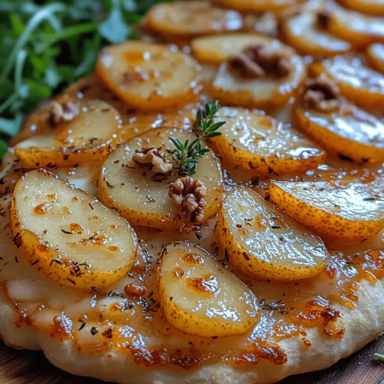 Baked Brie & Caramelized Pear Flatbread is a charming dish that effortlessly combines the rich, creamy texture of melted Brie cheese with the sweet, luscious flavor of caramelized pears. This delightful creation is not just a feast for the eyes; it tantalizes the taste buds with its perfect harmony of savory and sweet elements. Whether you're hosting a gathering or enjoying a cozy night in, this flatbread is an exceptional choice that will impress your guests and elevate your dining experience.