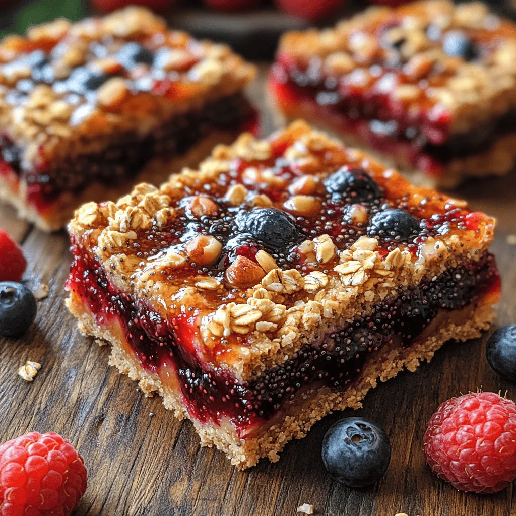 The Berry Burst Chia Jam Bars are a delightful combination of flavors that come together to create a delicious and satisfying treat. The primary flavor profile of these bars is characterized by the natural sweetness of ripe berries, balanced with a subtle tartness that comes from the chia seeds and the addition of a hint of citrus, typically lemon or lime. This combination results in a refreshing yet indulgent dessert that is perfect for any occasion.