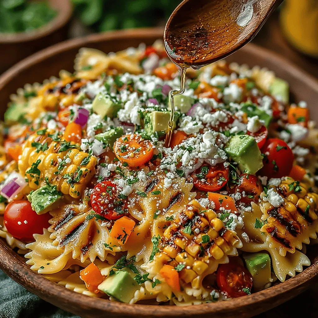 <strong>Pasta as the Base</strong>” /></p>
</p>
<h2>Tips for Rinsing Pasta to Cool It Down and Prevent Sticking</h2>
</p>
<p>Once your pasta is cooked to al dente perfection, it’s essential to cool it quickly to halt the cooking process and prevent it from becoming gummy. Start by draining the pasta in a colander, allowing excess water to escape. To rinse the pasta, run it under cold water in the colander for a few minutes while gently tossing it with your hands. This not only cools the pasta but also helps remove excess starch that can make the pasta sticky. For best results, consider tossing the rinsed pasta with a small drizzle of olive oil to keep it from clumping together as it cools.</p>
</p>
<h2>Grilling the Corn</h2>
</p>
<h3>Step-by-Step Guide on Grilling Corn</h3>
</p>
<p>Grilling corn on the cob is a straightforward process that enhances its natural sweetness and adds a delightful charred flavor. Here’s how to achieve the perfect grilled corn:</p>
</p>
<p>1. <strong>Select High-Quality Corn</strong>: Choose fresh, husked corn with bright green husks and plump kernels. Avoid ears with dry or brown husks.</p>
</p>
<p>2. <strong>Preheat the Grill</strong>: Heat your grill to medium-high heat. For charcoal grills, allow the coals to turn white; for gas grills, preheat for around 10-15 minutes.</p>
</p>
<p>3. <strong>Prepare the Corn</strong>: While some prefer to grill corn in its husk, removing the husks allows for direct contact with the grill. If you choose to remove the husks, brush the corn with a little olive oil and season with salt and pepper.</p>
</p>
<p>4. <strong>Grill the Corn</strong>: Place the corn directly on the grill grates. Grill for about 10-15 minutes, turning every 2-3 minutes until the kernels are tender and have a nice char. Look for a deep golden color to indicate it’s done.</p>
</p>
<p>5. <strong>Let it Cool</strong>: Remove the corn from the grill and let it cool for a few minutes before cutting the kernels off the cob.</p>
</p>
<h3>How Grilling Enhances the Sweetness and Flavor of Corn</h3>
</p>
<p>Grilling corn caramelizes the natural sugars present in the kernels, creating a sweet, smoky flavor profile that you can’t achieve through boiling or steaming. The high heat of the grill creates a charred exterior that not only adds depth to the flavor but also provides a pleasing texture contrast to the tender pasta and other salad ingredients.</p>
</p>
<h2>Making the Dressing</h2>
</p>
<h3>Instructions on Whisking the Dressing</h3>
</p>
<p>A well-balanced dressing is crucial for elevating your Grilled Corn Pasta Salad. Here’s how to create a simple yet flavorful dressing:</p>
</p>
<p>1. <strong>Combine Ingredients</strong>: In a medium bowl, whisk together 1/4 cup of olive oil, 2 tablespoons of red wine vinegar, the juice of one lemon, 1 teaspoon of Dijon mustard, and salt and pepper to taste.</p>
</p>
<p>2. <strong>Adjust Flavors</strong>: Taste the dressing and adjust the acidity and seasoning according to your preference. If you prefer it tangier, add more vinegar or lemon juice; for a creamier texture, incorporate a tablespoon of Greek yogurt or mayonnaise.</p>
</p>
<p>3. <strong>Melding Flavors</strong>: Allow the dressing to sit for at least 10-15 minutes before using. This resting period lets the flavors meld, resulting in a more cohesive taste that enhances the overall salad.</p>
</p>
<h2>Combining Ingredients</h2>
</p>
<h3>Instructions on Mixing the Salad Ingredients</h3>
</p>
<p>Bringing all your ingredients together in a harmonious blend is the final step in creating this delicious pasta salad. Follow these instructions for the best results:</p>
</p>
<p>1. <strong>Combine Pasta and Corn</strong>: In a large mixing bowl, add the cooled pasta and grilled corn kernels. Gently toss them together to distribute the corn evenly throughout the pasta.</p>
</p>
<p>2. <strong>Add Other Ingredients</strong>: Fold in diced bell peppers, red onion, and cherry tomatoes. These ingredients add color, crunch, and freshness to your salad.</p>
</p>
<p>3. <strong>Incorporate Feta Cheese</strong>: Crumble 1 cup of feta cheese over the mixture. Be gentle when incorporating it to avoid breaking the cheese down too much. Use a spatula to fold it in lightly, allowing larger chunks to remain intact for added texture.</p>
</p>
<p>4. <strong>Pour in the Dressing</strong>: Drizzle the prepared dressing over the salad and gently toss everything together until all ingredients are evenly coated.</p>
</p>
<h2>Serving Suggestions</h2>
</p>
<h3>Ideas for Enjoying the Grilled Corn Pasta Salad</h3>
</p>
<p>This Grilled Corn Pasta Salad is incredibly versatile, making it suitable for various occasions. Here are some serving suggestions:</p>
</p>
<p>1. <strong>Chilled or Room Temperature</strong>: This salad can be served chilled or at room temperature, making it perfect for warm-weather gatherings. If preparing in advance, store it in the fridge for up to 2 hours before serving.</p>
</p>
<p>2. <strong>Protein Pairings</strong>: Enhance the dish by serving it alongside grilled proteins. Options include grilled chicken, shrimp, or plant-based proteins like marinated tofu or chickpeas. These additions transform the salad into a complete meal.</p>
</p>
<p>3. <strong>Creative Serving Ideas</strong>: For a fun presentation, serve the salad in bowls or layer it in mason jars for picnics or potlucks. This not only looks appealing but also makes it easy to transport and serve.</p>
</p>
<h2>Nutritional Information</h2>
</p>
<h3>Overview of the Nutritional Profile</h3>
</p>
<p>This Grilled Corn Pasta Salad is not only delicious but also packed with nutrients. Here’s a general overview of the nutritional profile per serving:</p>
</p>
<p>– <strong>Calories</strong>: Approximately 350 calories</p>
<p>– <strong>Protein</strong>: 12g</p>
<p>– <strong>Carbohydrates</strong>: 45g</p>
<p>– <strong>Fat</strong>: 15g</p>
<p>– <strong>Fiber</strong>: 3g</p>
</p>
<h3>Discussion of Dietary Modifications</h3>
</p>
<p>For those looking to modify the recipe for dietary preferences, consider the following options:</p>
</p>
<p>– <strong>Vegan</strong>: Replace feta cheese with a vegan cheese alternative or omit it entirely. You can also use a plant-based yogurt in the dressing to maintain creaminess.</p>
<p>– <strong>Low-Calorie Options</strong>: Reduce the amount of olive oil in the dressing and use a lower-calorie pasta or zoodles (zucchini noodles) to decrease carbohydrate content.</p>
</p>
<h2>Conclusion</h2>
</p>
<p>The Grilled Corn Pasta Salad is a vibrant, nutritious, and visually appealing dish that brings together the flavors of summer in each bite. This recipe is not only perfect for summer gatherings and picnics but also great for meal prep as it keeps well in the fridge and tastes even better the next day.</p>
</p>
<p>By incorporating fresh, seasonal ingredients, you can create a dish that is both satisfying and enjoyable. We encourage you to try this recipe for your next gathering or as a delightful side dish for any meal. Cooking with fresh ingredients not only enhances the flavors but also brings joy and creativity to your kitchen. Embrace the season’s bounty and enjoy the delicious flavors of this Grilled Corn Pasta Salad!</p>
</div>
