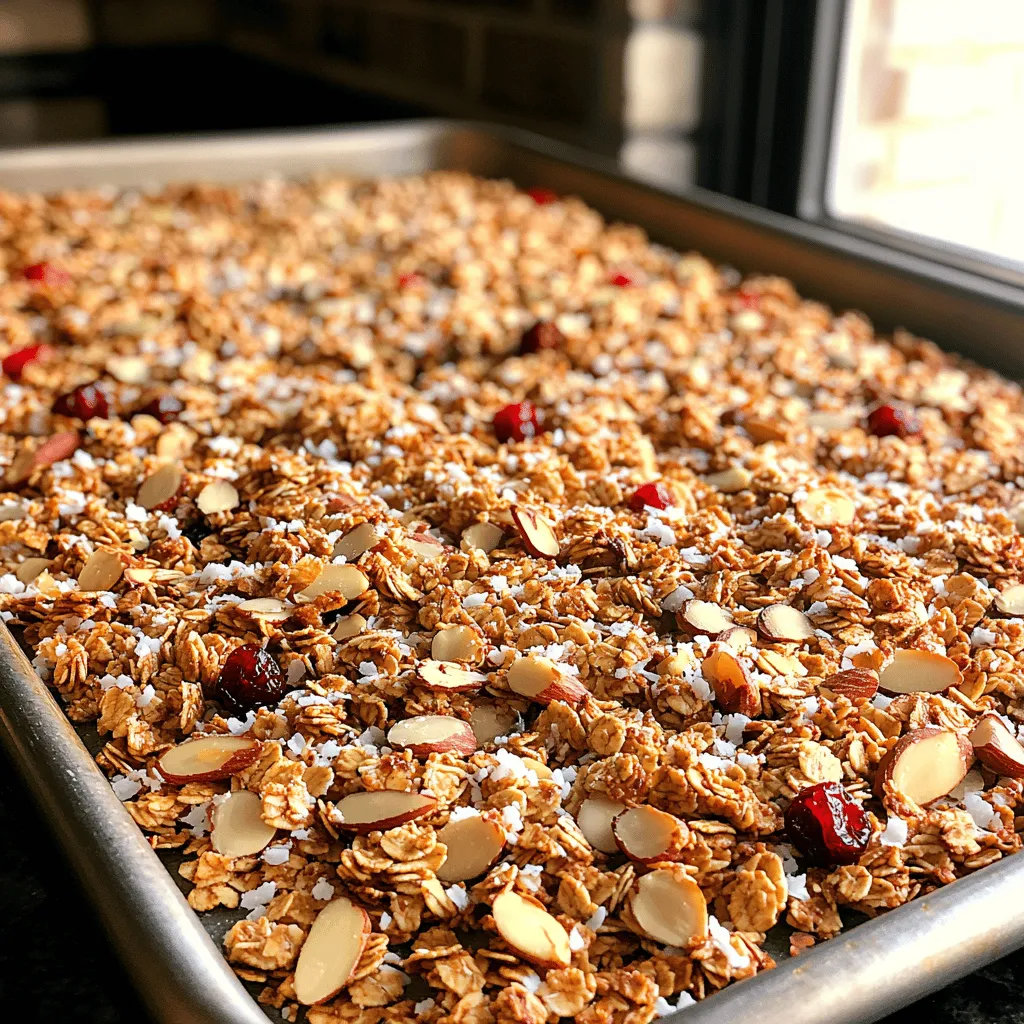 Granola has long been a beloved breakfast staple for health-conscious individuals and food enthusiasts alike. Its delightful crunch and customizable nature make it a versatile option for any time of the day. Among the myriad of granola varieties, <strong>Toasty Almond Coconut Granola</strong> stands out with its unique combination of flavors and textures. This recipe brings together the rich nuttiness of almonds, the tropical sweetness of coconut, and the wholesome goodness of oats, creating a symphony of taste that is not only satisfying but also nourishing.” /></p>
</p>
<h3>Timing Tips for Achieving Perfect Doneness</h3>
</p>
<p>Getting your Toasty Almond Coconut Granola just right requires attention to timing. Baking granola is all about achieving that perfect golden-brown color while ensuring it remains crunchy and not overly toasted. Here are some essential timing tips to help you achieve perfect doneness:</p>
</p>
<p>1. <strong>Initial Bake</strong>: Start by preheating your oven to 350°F (175°C). When you first spread the granola mixture onto the baking sheet, bake it for about 10-15 minutes. This is crucial for the initial toasting.</p>
</p>
<p>2. <strong>Stirring for Even Toasting</strong>: After the first 10-15 minutes, remove the baking sheet from the oven and give the granola a good stir. This helps to ensure that all the pieces toast evenly. Return it to the oven for another 10-15 minutes.</p>
</p>
<p>3. <strong>Watch for Color Changes</strong>: Granola can go from perfectly toasted to burnt quite quickly. Keep a close eye on it during the last few minutes of baking. Look for a golden brown color, which indicates that it’s reached the perfect level of doneness.</p>
</p>
<p>4. <strong>Cooling Time</strong>: Once you take the granola out of the oven, allow it to cool completely on the baking sheet. This is an essential step as it continues to crisp up as it cools. Resist the urge to taste it until it has cooled, as this will also help maintain its crunchy texture.</p>
</p>
<h3>Serving Suggestions</h3>
</p>
<p>Toasty Almond Coconut Granola is not just delicious; it’s also versatile. Here are some creative ways to serve this delightful dish:</p>
</p>
<h4>Creative Ways to Present the Dish</h4>
<p>– <strong>Parfait Style</strong>: Layer the granola with yogurt and fresh fruits in a glass for a beautiful and tasty parfait. Use clear glasses to showcase the layers for a visually appealing presentation.</p>
<p>– <strong>Bowls with Milk</strong>: Serve the granola in a bowl with your choice of milk—dairy or plant-based. Top with fresh berries or banana slices for a wholesome breakfast.</p>
<p>– <strong>On Top of Smoothie Bowls</strong>: Sprinkle the granola on top of smoothie bowls. This adds a crunchy texture that complements the creamy base beautifully.</p>
</p>
<h4>Plating Techniques for Visual Appeal</h4>
<p>– Use wide, shallow bowls or plates to create an inviting presentation. Arrange the granola neatly, ensuring it looks abundant.</p>
<p>– Garnish with a sprinkle of shredded coconut or almond slices on top for an elegant finish. A drizzle of honey or maple syrup can also add a beautiful sheen and extra sweetness.</p>
</p>
<h4>Complementary Side Dishes or Beverages</h4>
<p>– Pair your granola with a refreshing glass of fresh-squeezed orange juice or a smoothie for a perfect breakfast combo.</p>
<p>– For a light dessert, serve with a scoop of vanilla ice cream or coconut yogurt topped with fresh fruit.</p>
</p>
<h4>Ideal Occasions for Serving</h4>
<p>– <strong>Casual Dinners</strong>: Toasty Almond Coconut Granola makes an excellent addition to brunch gatherings or casual family breakfasts.</p>
<p>– <strong>Special Celebrations</strong>: It can also shine at holiday brunches, baby showers, or birthday parties as a healthy option that everyone will enjoy.</p>
<p>– <strong>Meal Prep</strong>: This granola is perfect for meal prepping. Store it in an airtight container for a quick breakfast or snack throughout the week.</p>
</p>
<h3>Nutritional Information</h3>
</p>
<p>Understanding the nutritional value of your food is essential, and Toasty Almond Coconut Granola offers a wealth of benefits:</p>
</p>
<h4>Breakdown of Nutritional Value Per Serving</h4>
<p>– <strong>Calories</strong>: Approximately 200 calories per serving (1/4 cup).</p>
<p>– <strong>Protein</strong>: 5 grams, making it a decent source of plant-based protein.</p>
<p>– <strong>Fat</strong>: 10 grams, primarily from healthy fats in almonds and coconut.</p>
<p>– <strong>Carbohydrates</strong>: 25 grams, including dietary fiber from oats and nuts.</p>
</p>
<h4>Key Vitamins and Minerals Provided by the Ingredients</h4>
<p>– <strong>Almonds</strong>: Rich in vitamin E, magnesium, and healthy monounsaturated fats.</p>
<p>– <strong>Coconut</strong>: Provides manganese and copper, along with fiber.</p>
<p>– <strong>Oats</strong>: A great source of B vitamins, iron, and antioxidants.</p>
</p>
<h4>Discussion of Dietary Considerations</h4>
<p>– <strong>Vegan</strong>: This granola is entirely plant-based, making it suitable for vegans.</p>
<p>– <strong>Gluten-Free</strong>: By choosing certified gluten-free oats, this granola can easily fit into a gluten-free diet.</p>
<p>– <strong>Balanced Eating</strong>: Granola is high in calories; therefore, portion control is essential if you are balancing it within a healthy eating plan. Pairing it with protein-rich yogurt or milk can help create a more balanced meal.</p>
</p>
<h3>Cultural Significance and Variations</h3>
</p>
<p>Granola, in its many forms, has a rich history that dates back to the late 19th century, with its origins rooted in health food movements in the United States.</p>
</p>
<h4>Historical Background of the Dish</h4>
<p>Granola was first created in the 1860s by Dr. James Caleb Jackson, who developed a cereal made of graham flour. The name “granola” was popularized in the 1970s, and since then, it has evolved into various forms, appealing to health-conscious individuals.</p>
</p>
<h4>Origins and Traditional Methods of Preparation</h4>
<p>Traditionally, granola was made using rolled oats, nuts, and sweeteners like honey or syrup. The method of baking the granola has remained largely the same, though modern variations include an array of additional ingredients, from dried fruits to seeds.</p>
</p>
<h4>Regional Variations or Adaptations</h4>
<p>– <strong>Muesli</strong>: A similar dish to granola, muesli is often served raw and is popular in Europe. It typically omits the sweeteners and is more focused on the wholesome, natural taste of oats and fruits.</p>
<p>– <strong>Clustered Granola</strong>: Some variations focus on creating larger clusters, which can be achieved by using more binding agents like maple syrup or coconut oil.</p>
</p>
<h4>How Different Cultures Put Their Spin on the Recipe</h4>
<p>In different cultures, granola can be adapted to include local ingredients, such as different nuts or spices. For instance, in Southeast Asia, you might find granola mixed with coconut milk or served alongside tropical fruits.</p>
</p>
<h4>Suggestions for Personalizing the Dish</h4>
<p>– <strong>Add Spices</strong>: Consider adding cinnamon, nutmeg, or cardamom for an extra flavor boost.</p>
<p>– <strong>Mix in Different Nuts and Seeds</strong>: Customize your granola by experimenting with various nuts like walnuts, pecans, or seeds like chia and flaxseed.</p>
</p>
<h3>Common Mistakes to Avoid</h3>
</p>
<p>While making Toasty Almond Coconut Granola is generally straightforward, there are some common pitfalls to be aware of:</p>
</p>
<h4>Highlighting Frequent Errors in Preparation or Cooking</h4>
<p>1. <strong>Overcrowding the Baking Sheet</strong>: If you pile the granola too high, it won’t toast evenly. Spread it out in a single layer for the best results.</p>
<p>2. <strong>Skipping the Stirring Step</strong>: Many forget to stir the granola halfway through baking, resulting in uneven browning. Remember to stir for even toasting.</p>
</p>
<h4>Tips for Troubleshooting Common Issues</h4>
<p>– If your granola is too soft, it likely needs more time in the oven; just keep a close eye on it to prevent burning.</p>
<p>– If it clumps together too much, mix in a bit more oil or sweetener to help it hold its shape better.</p>
</p>
<h4>Importance of Patience and Attention to Detail</h4>
<p>Granola requires a little bit of patience. Rushing the baking process can lead to burnt granola or undercooked oats. Taking your time ensures that the flavors meld together beautifully.</p>
</p>
<h3>Conclusion</h3>
</p>
<p>Toasty Almond Coconut Granola is not only a delicious and nutritious option for breakfast or snack time, but it also presents a wonderful opportunity for creativity in the kitchen. Its versatility allows it to be enjoyed in multiple ways, whether layered in parfaits, served with milk, or simply munched on as a snack.</p>
</p>
<p>As you explore the cooking process, remember that granola can be personalized to suit your taste preferences, making it a dish that can be passed down through generations. Embrace the joy of cooking and the happiness that comes from sharing food with loved ones.</p>
</p>
<p>So whether you’re preparing for a casual dinner, a special celebration, or meal prepping for the week ahead, this granola recipe will not disappoint. Enjoy the process, savor the results, and let the flavors of Toasty Almond Coconut Granola bring warmth and comfort to your table.</p>
</div>